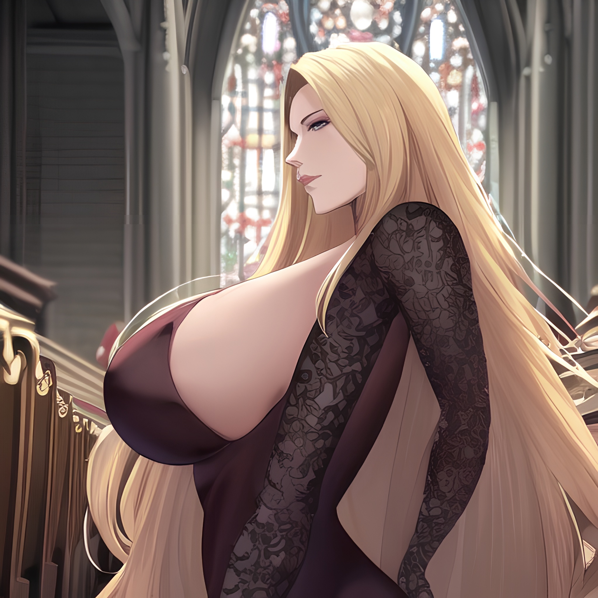 nude front view church fishnet woman blonde small boobs long hair 