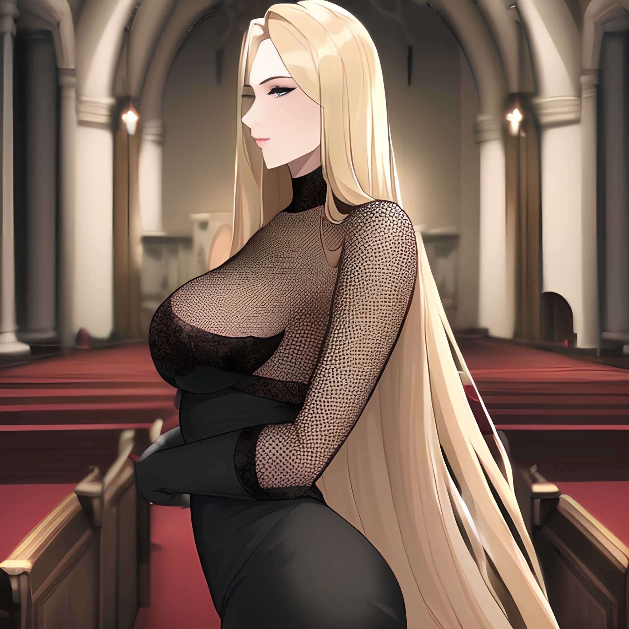 nude front view church small boobs fishnet blonde long hair woman 