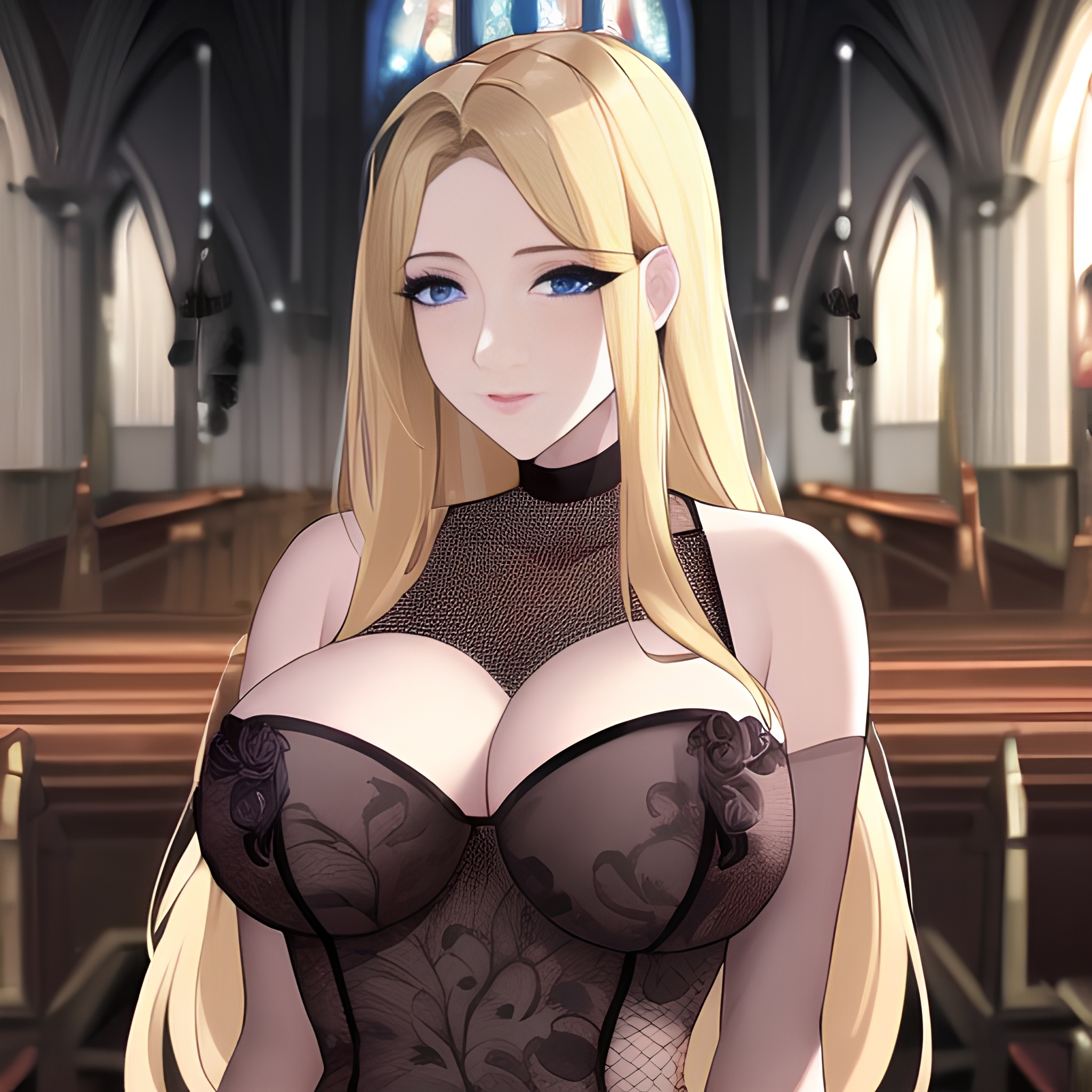 nude front view fishnet church long hair woman small boobs blonde 