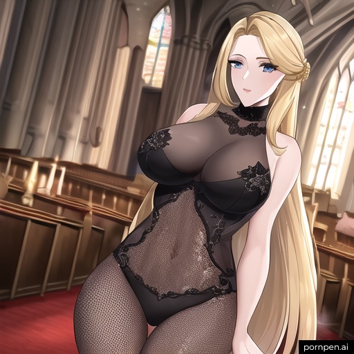 nude front view woman fishnet church small boobs blonde long hair 