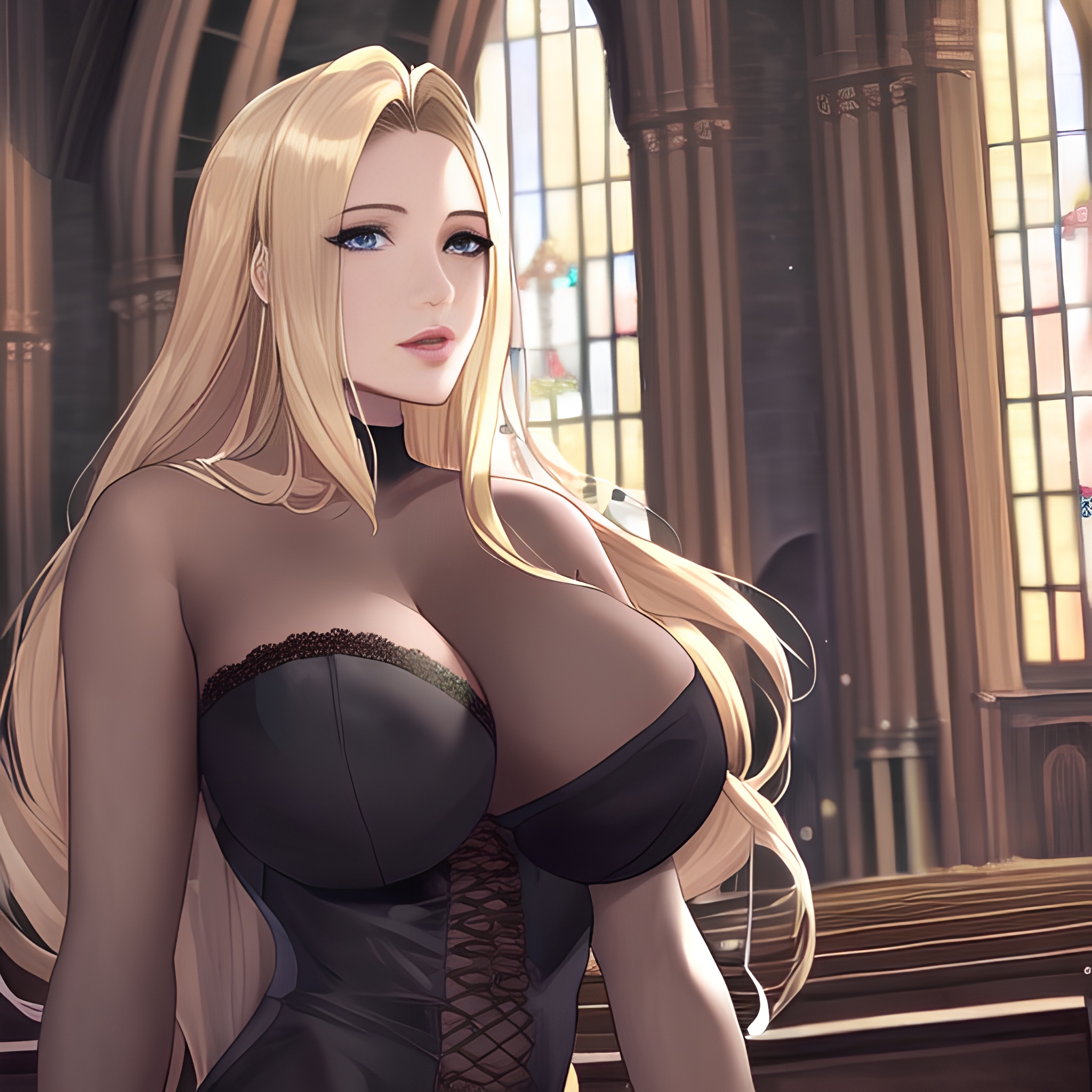 nude long hair blonde church small boobs fishnet front view woman 