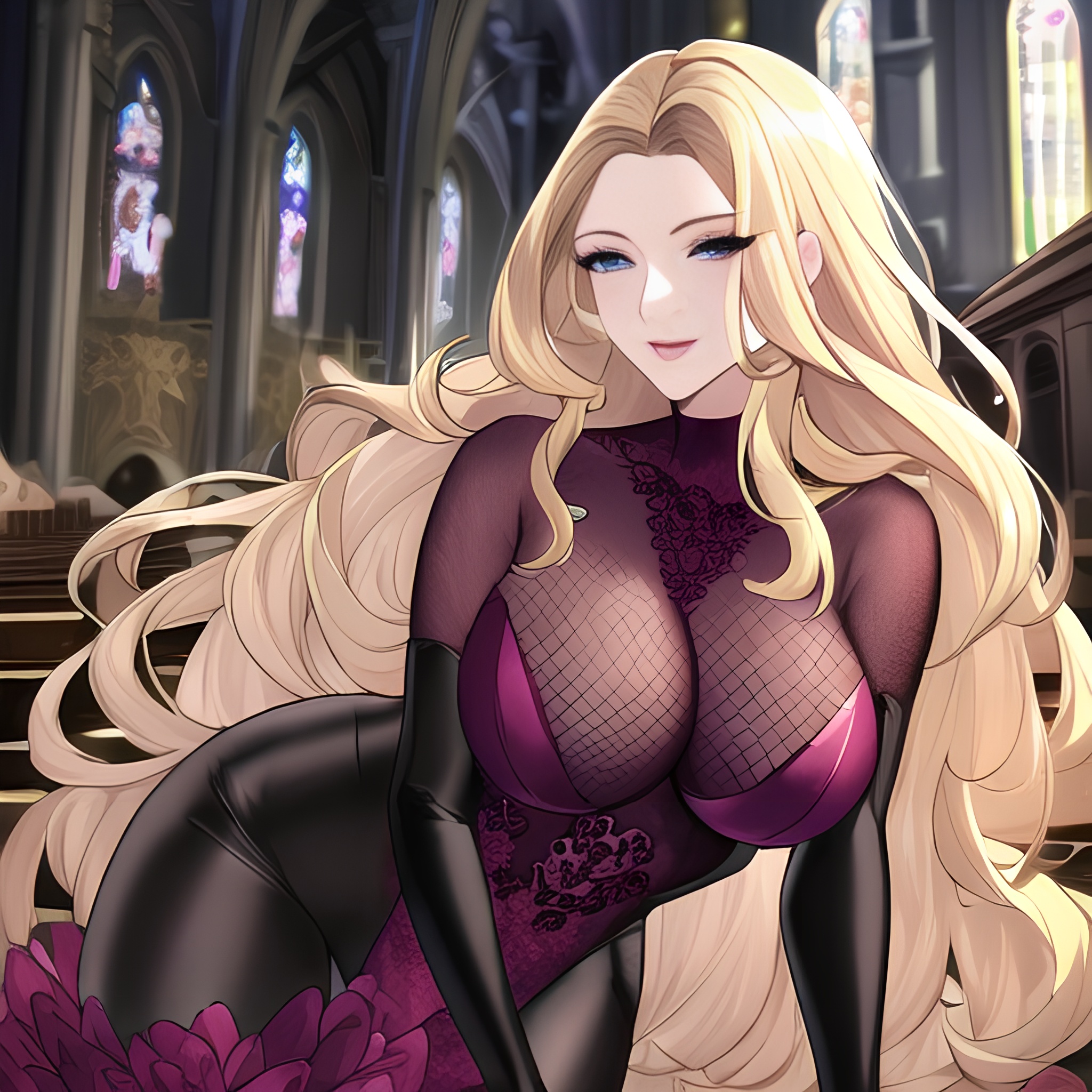 nude long hair fishnet blonde front view small boobs woman church 