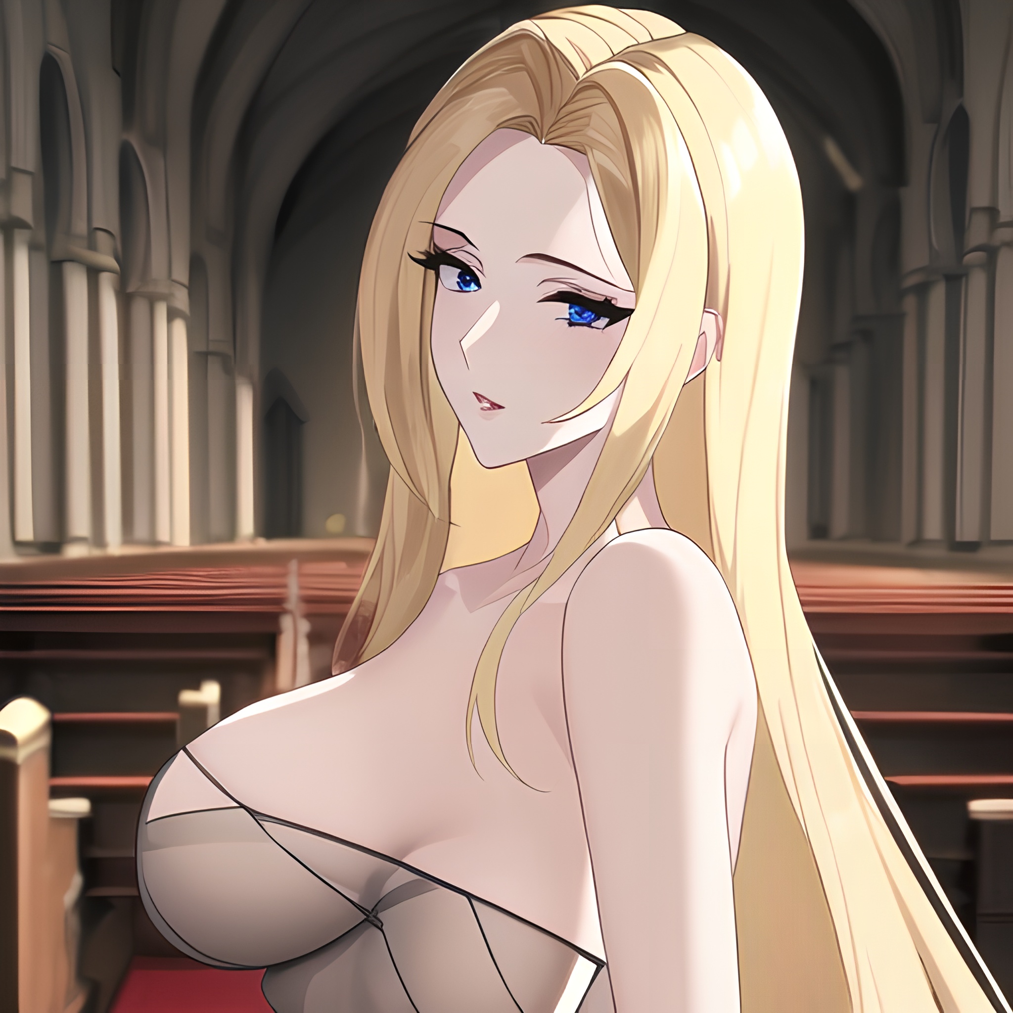 nude long hair front view small boobs blonde church fishnet woman 