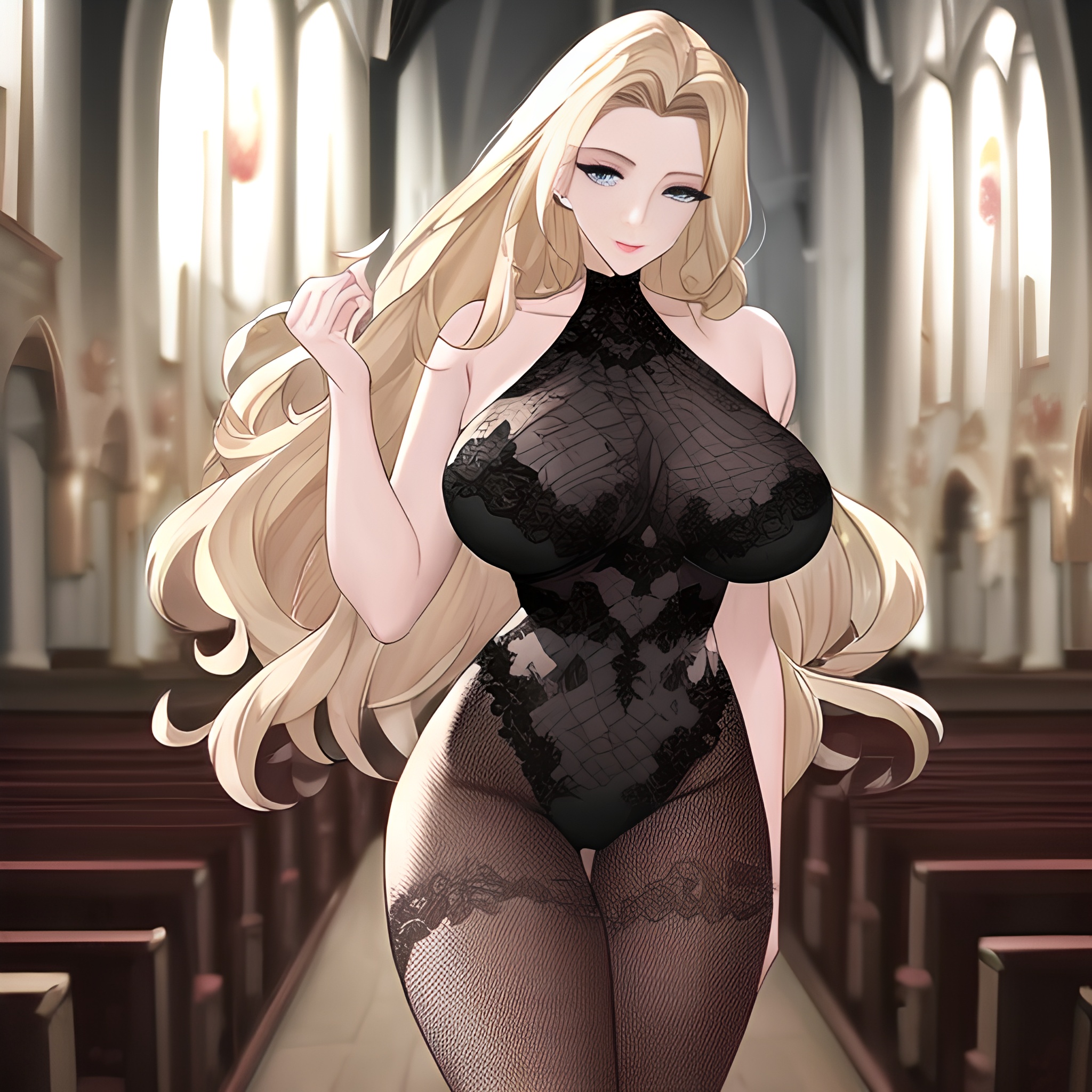 nude long hair front view woman blonde fishnet small boobs church 