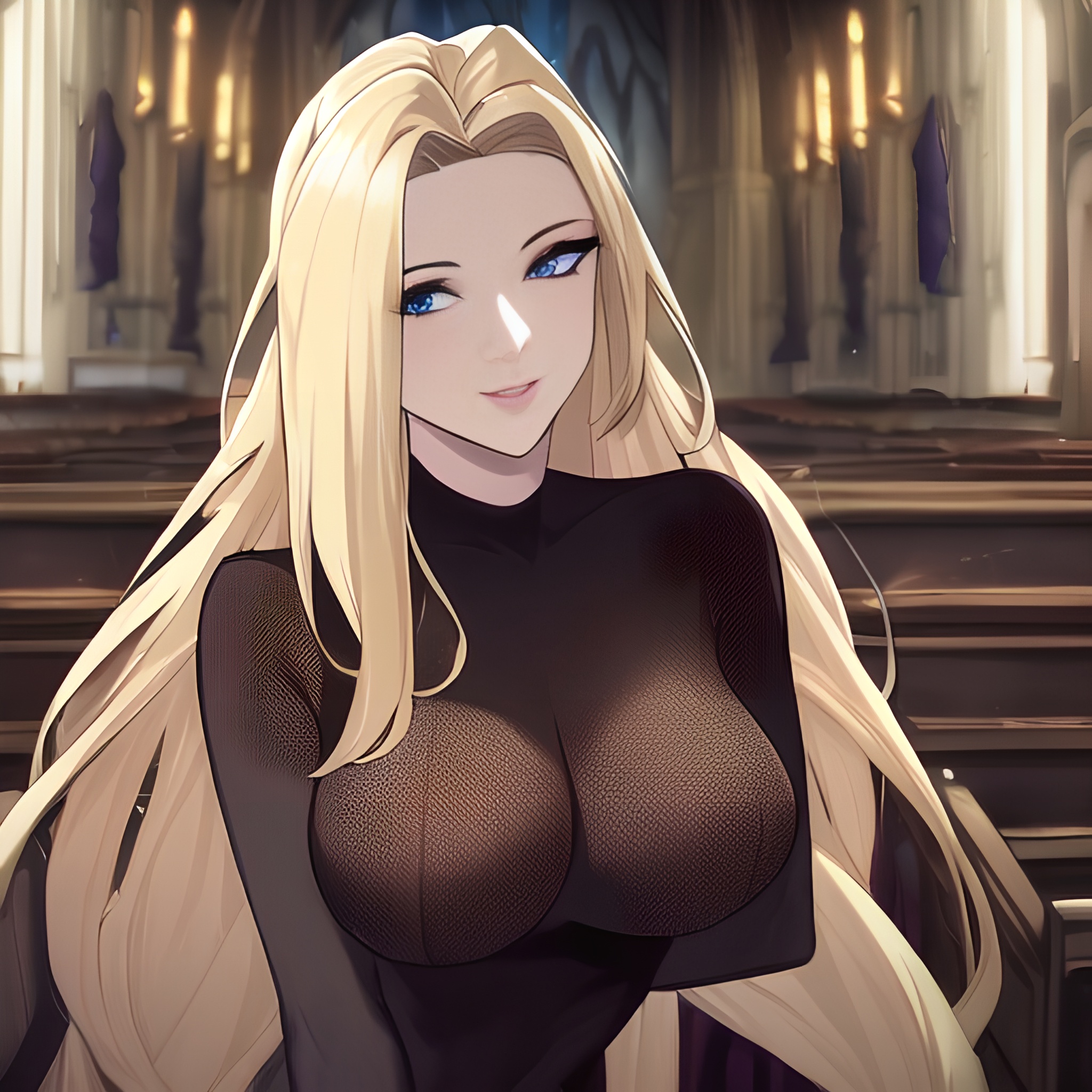 nude long hair small boobs woman front view church fishnet blonde 