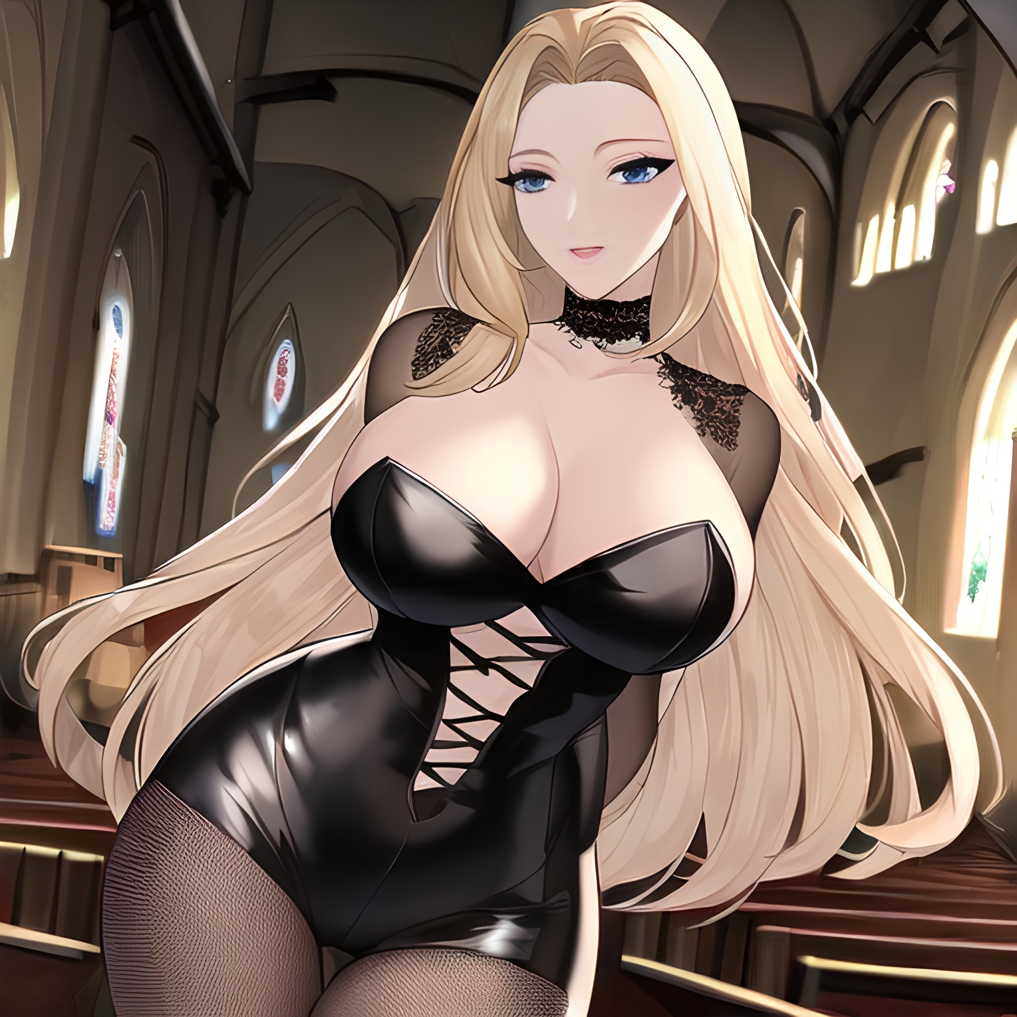 nude long hair woman blonde fishnet small boobs front view church