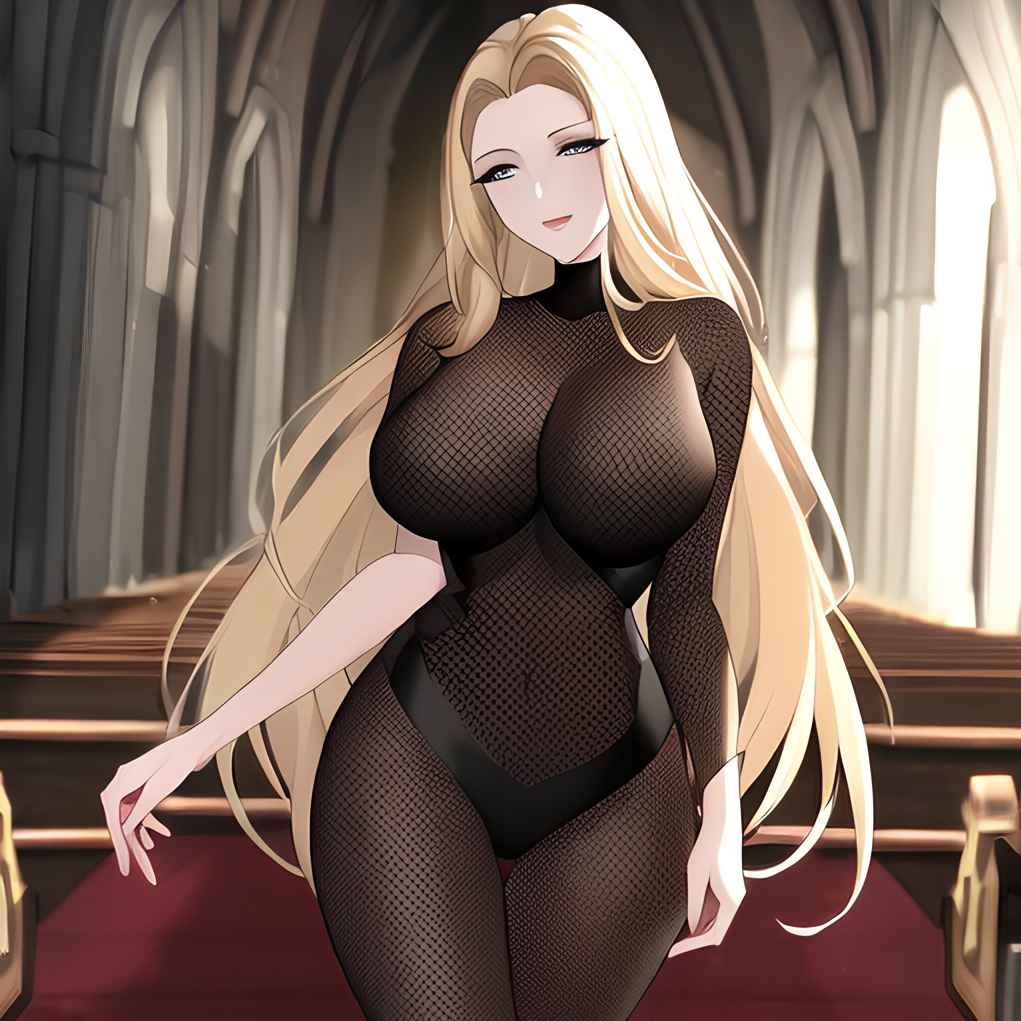 nude long hair woman blonde fishnet small boobs front view church 