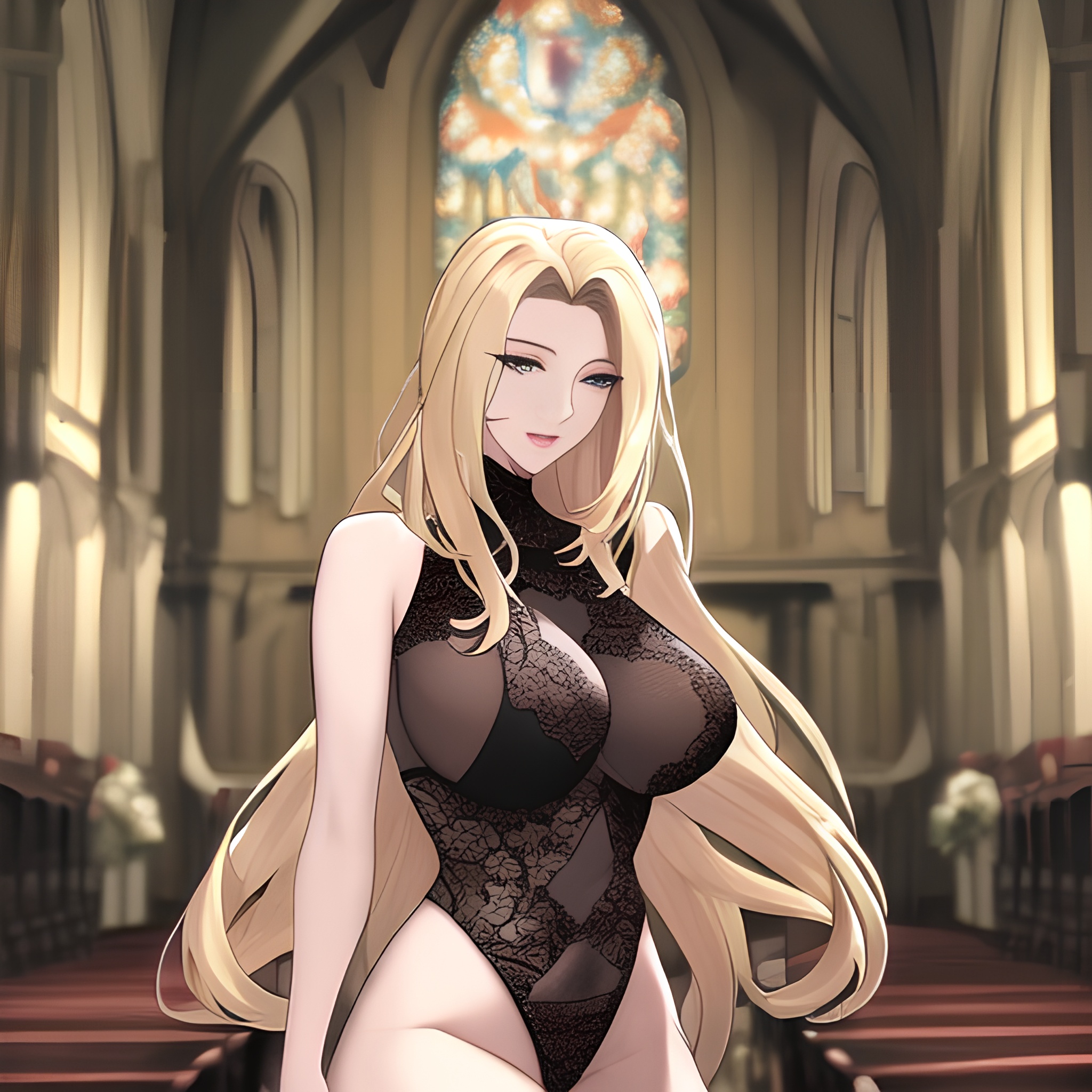 nude small boobs blonde fishnet church woman front view long hair 