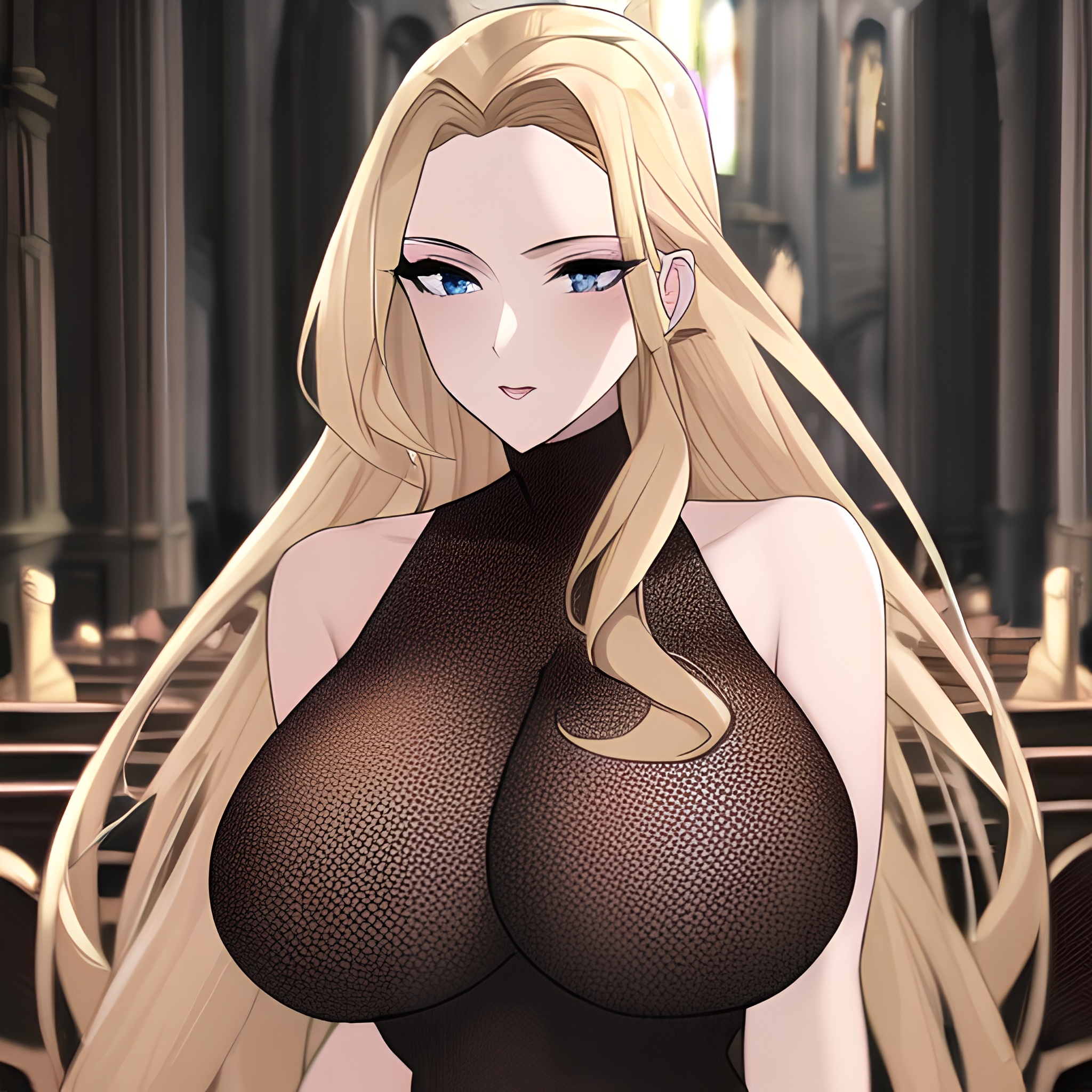 nude small boobs blonde fishnet front view long hair woman church 