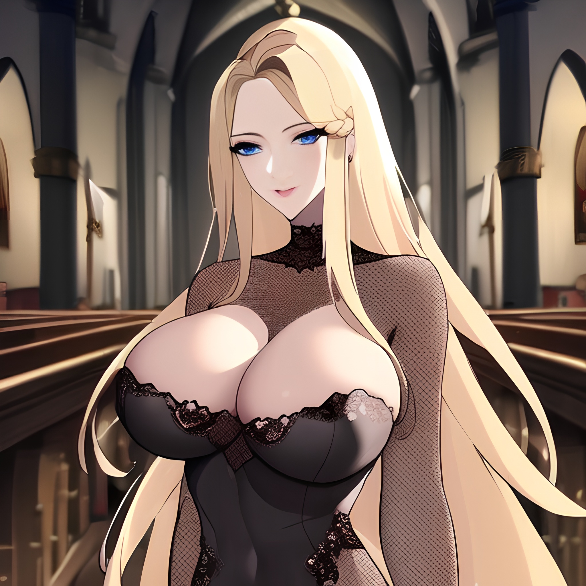 nude small boobs blonde fishnet woman church front view long hair 