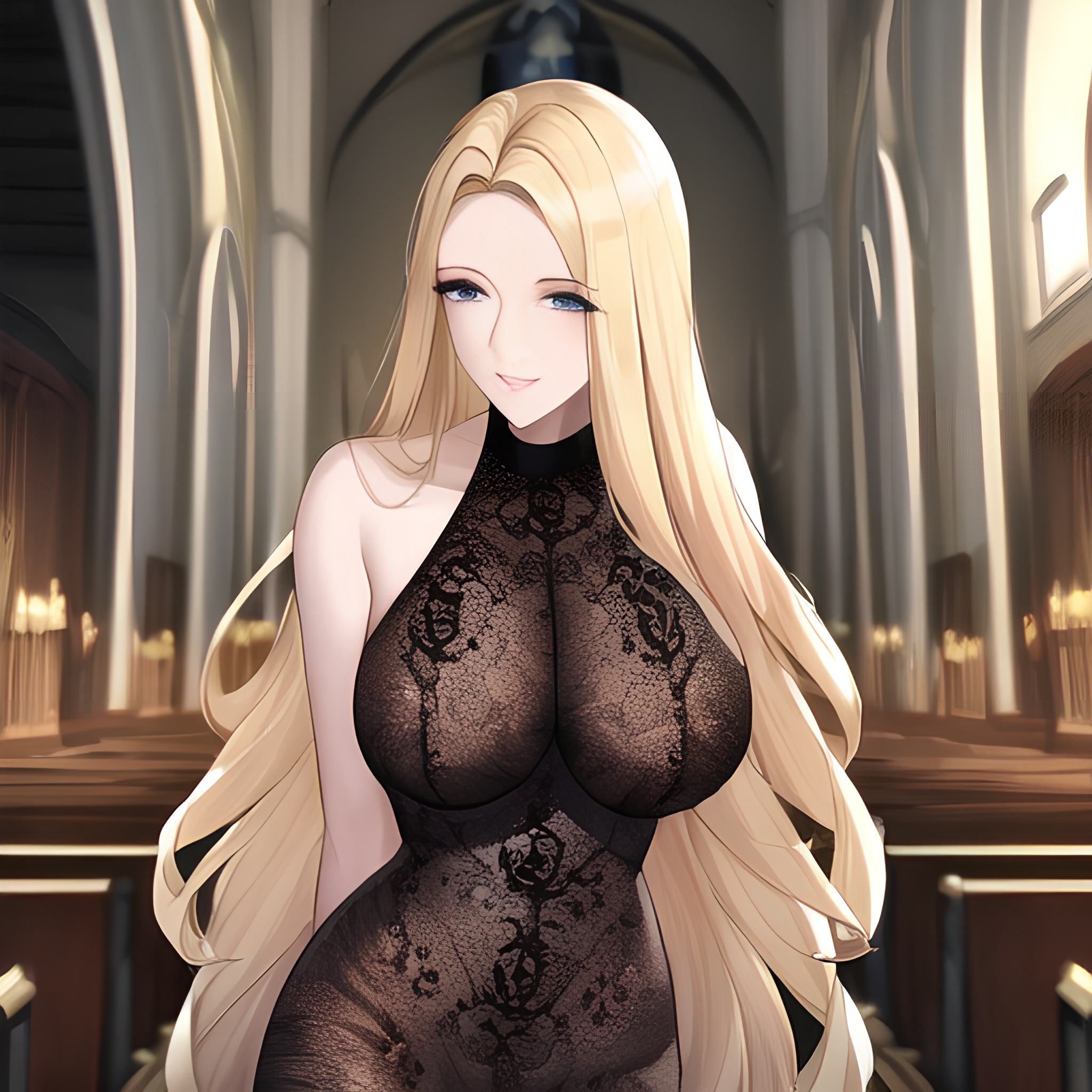 nude small boobs church blonde woman fishnet long hair front view 