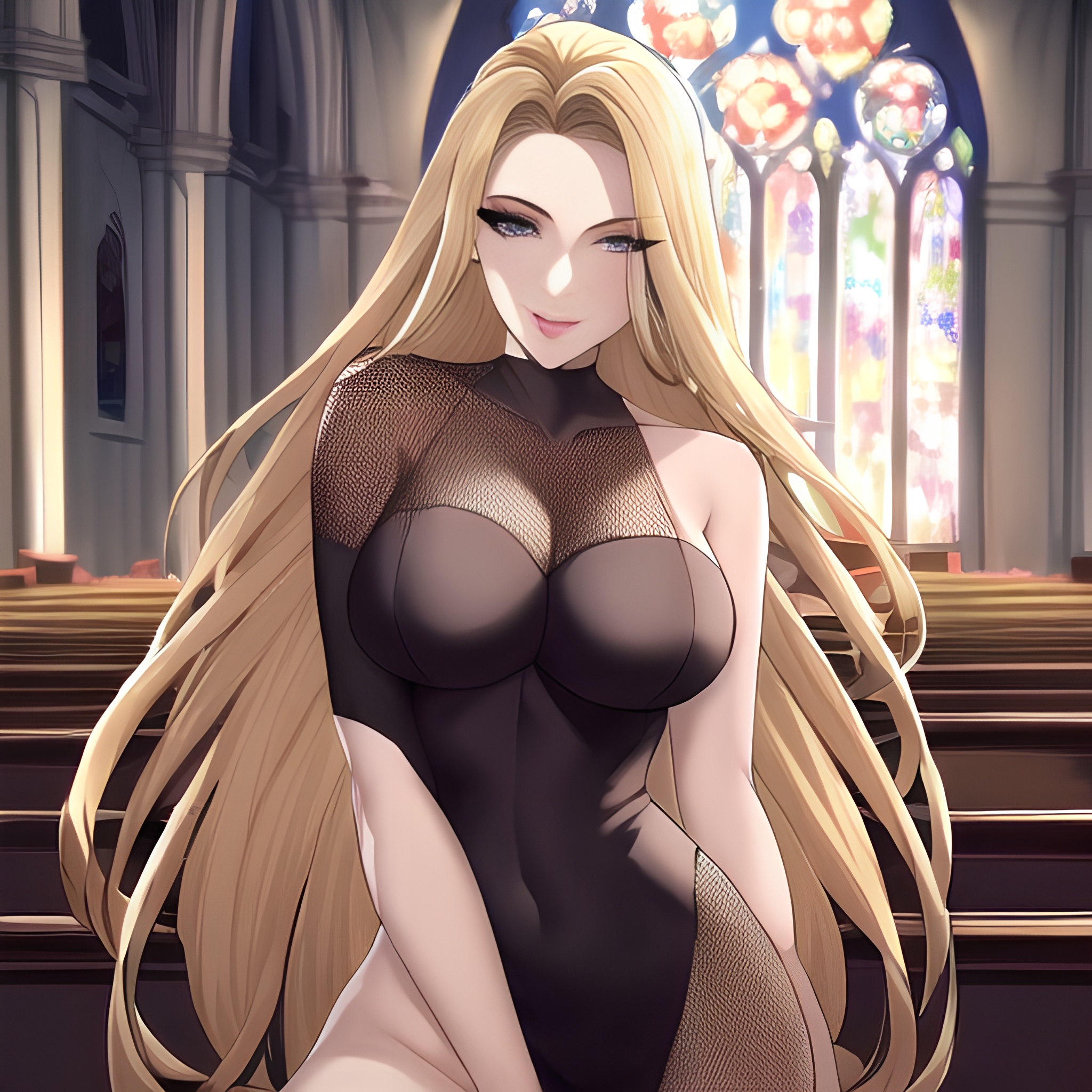 nude small boobs church long hair woman fishnet blonde front view 