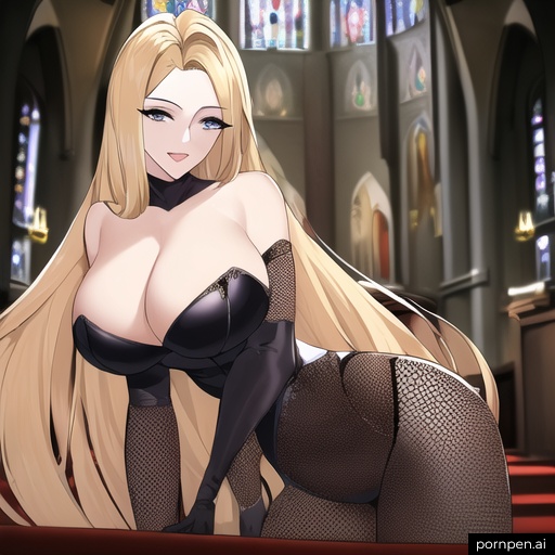 nude small boobs long hair fishnet church woman front view blonde 