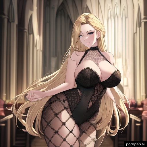 nude small boobs long hair fishnet woman church front view blonde 