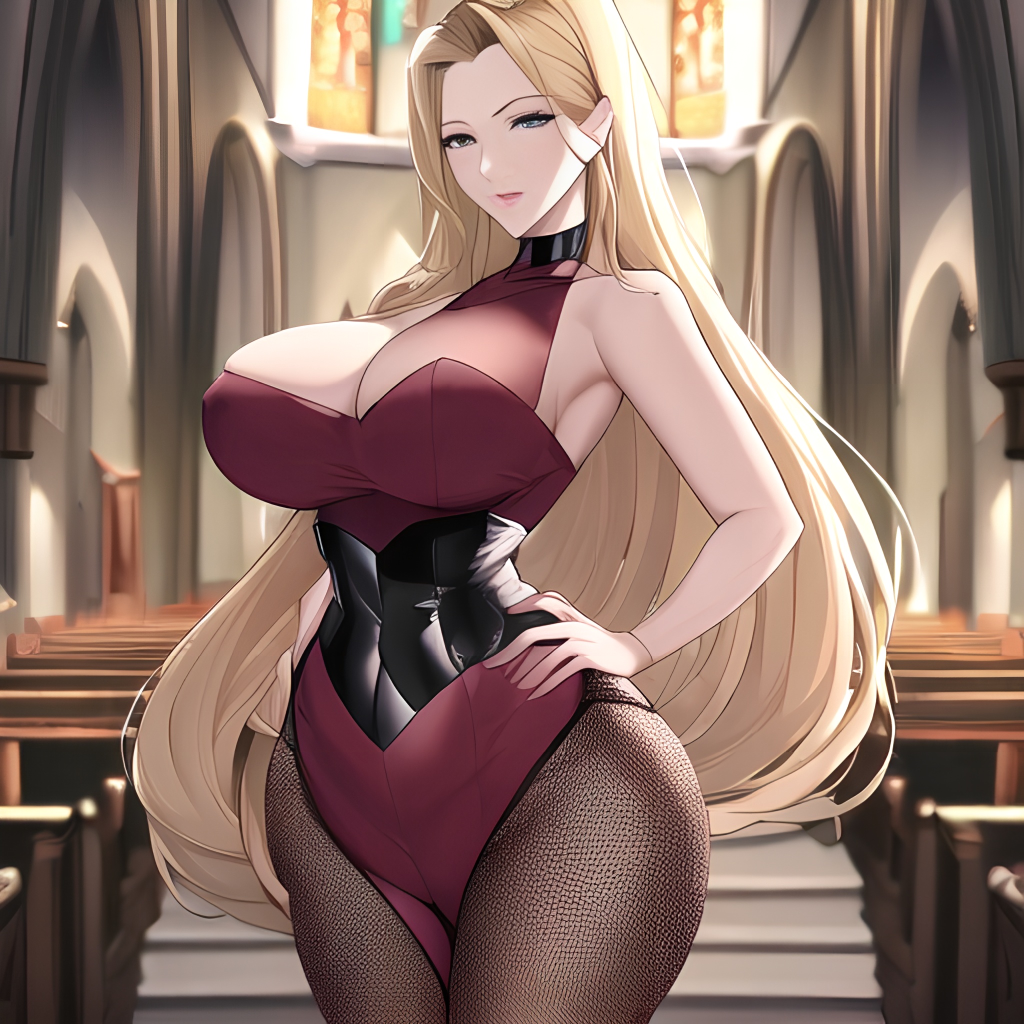 nude small boobs woman blonde fishnet long hair church front view 