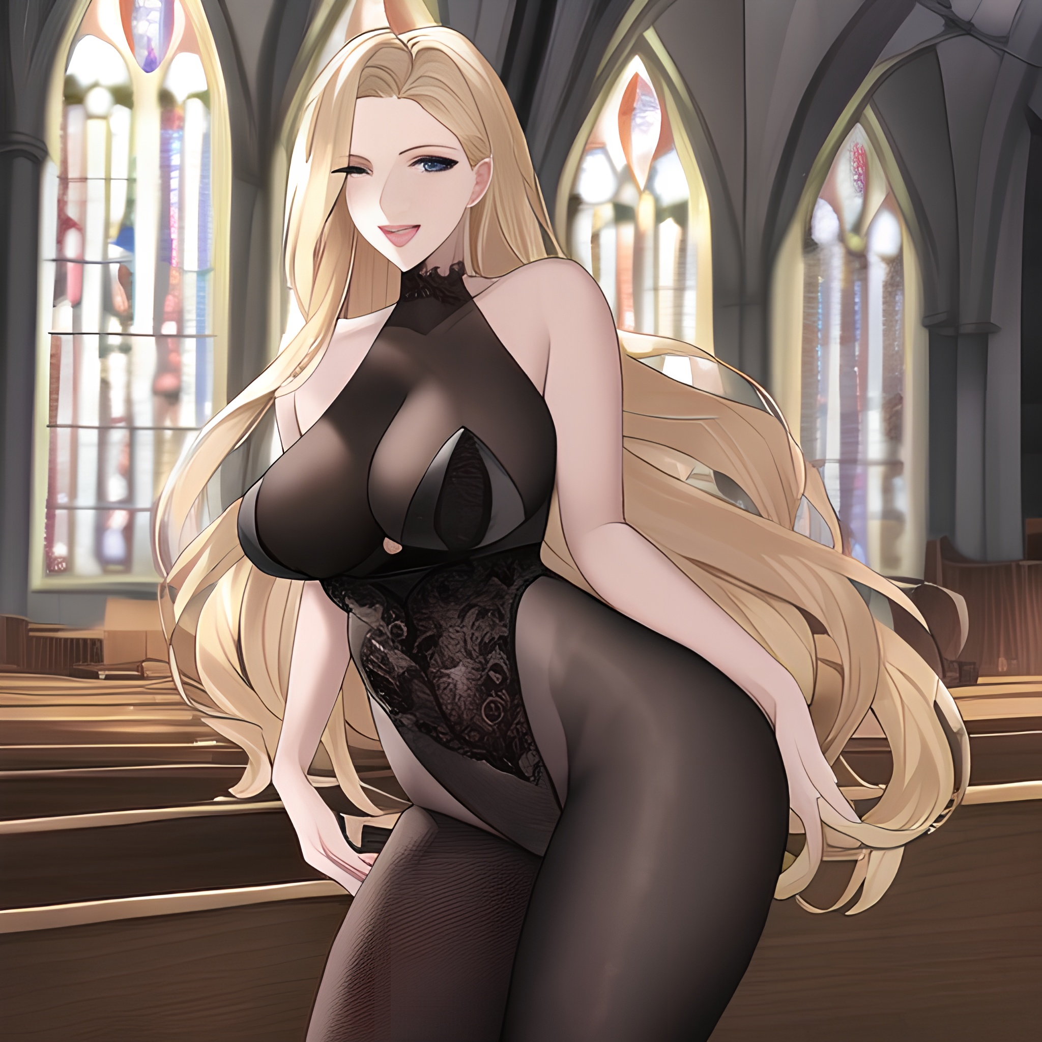 nude small boobs woman long hair church fishnet blonde front view 