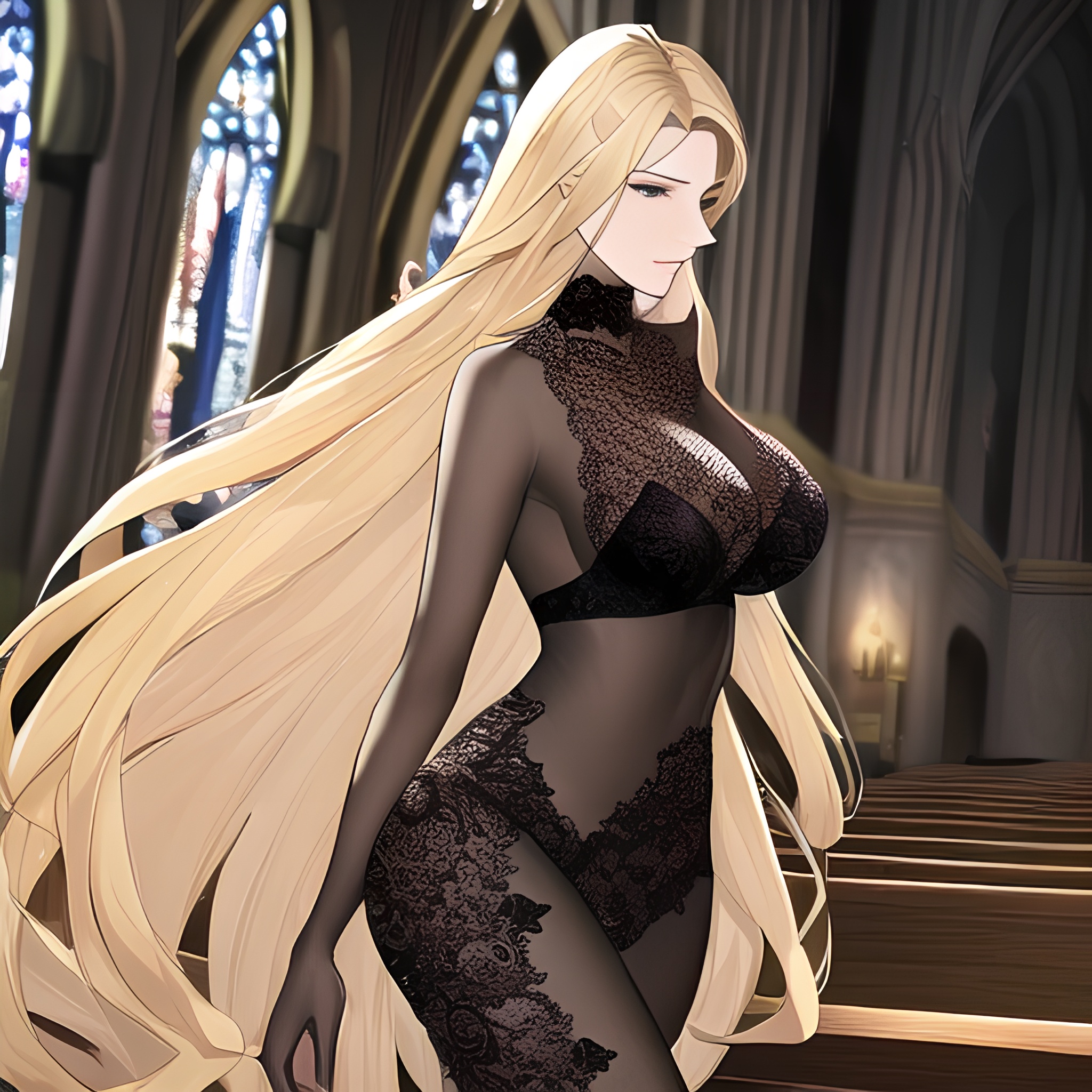 nude woman blonde church front view long hair small boobs fishnet
