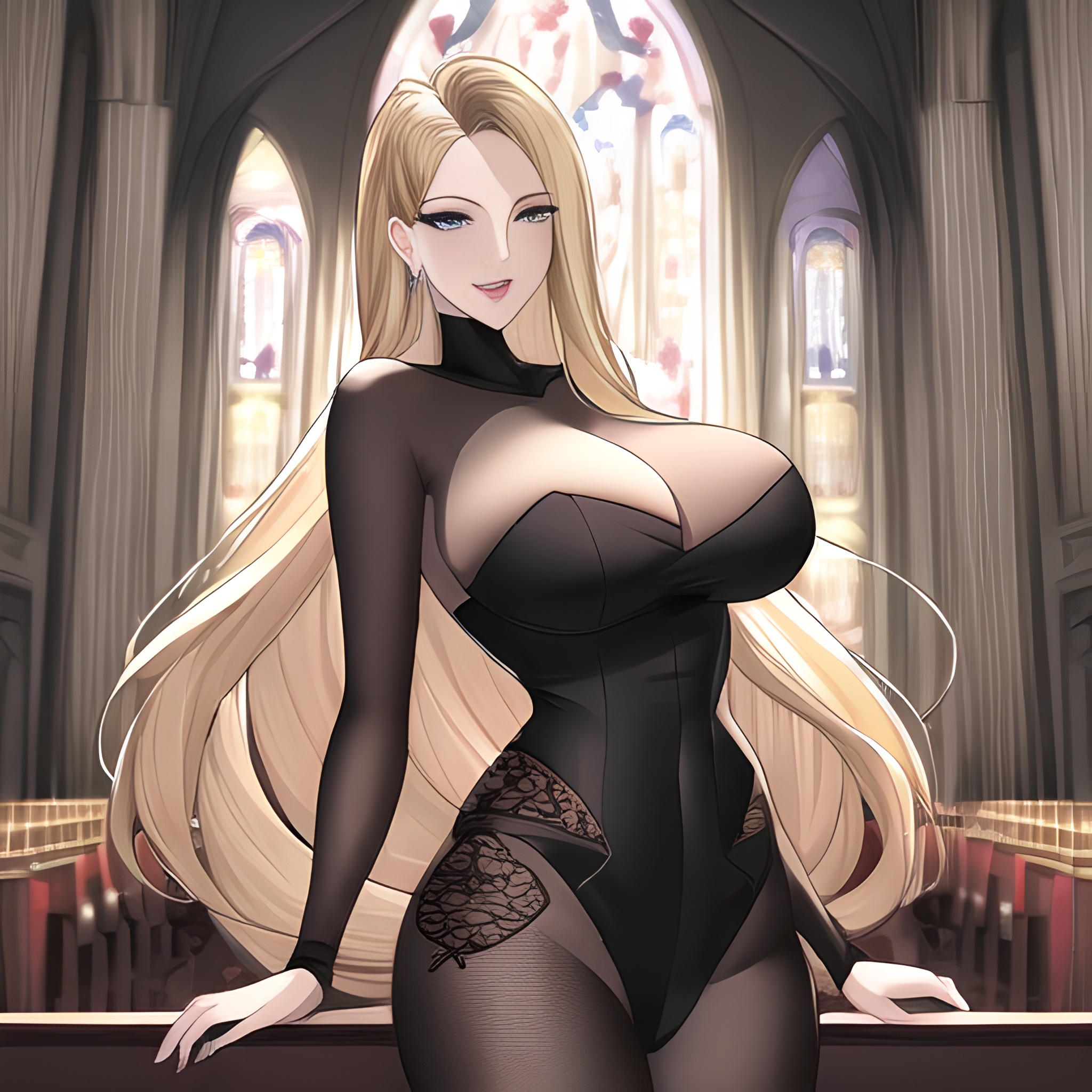 nude woman blonde long hair front view small boobs church fishnet 
