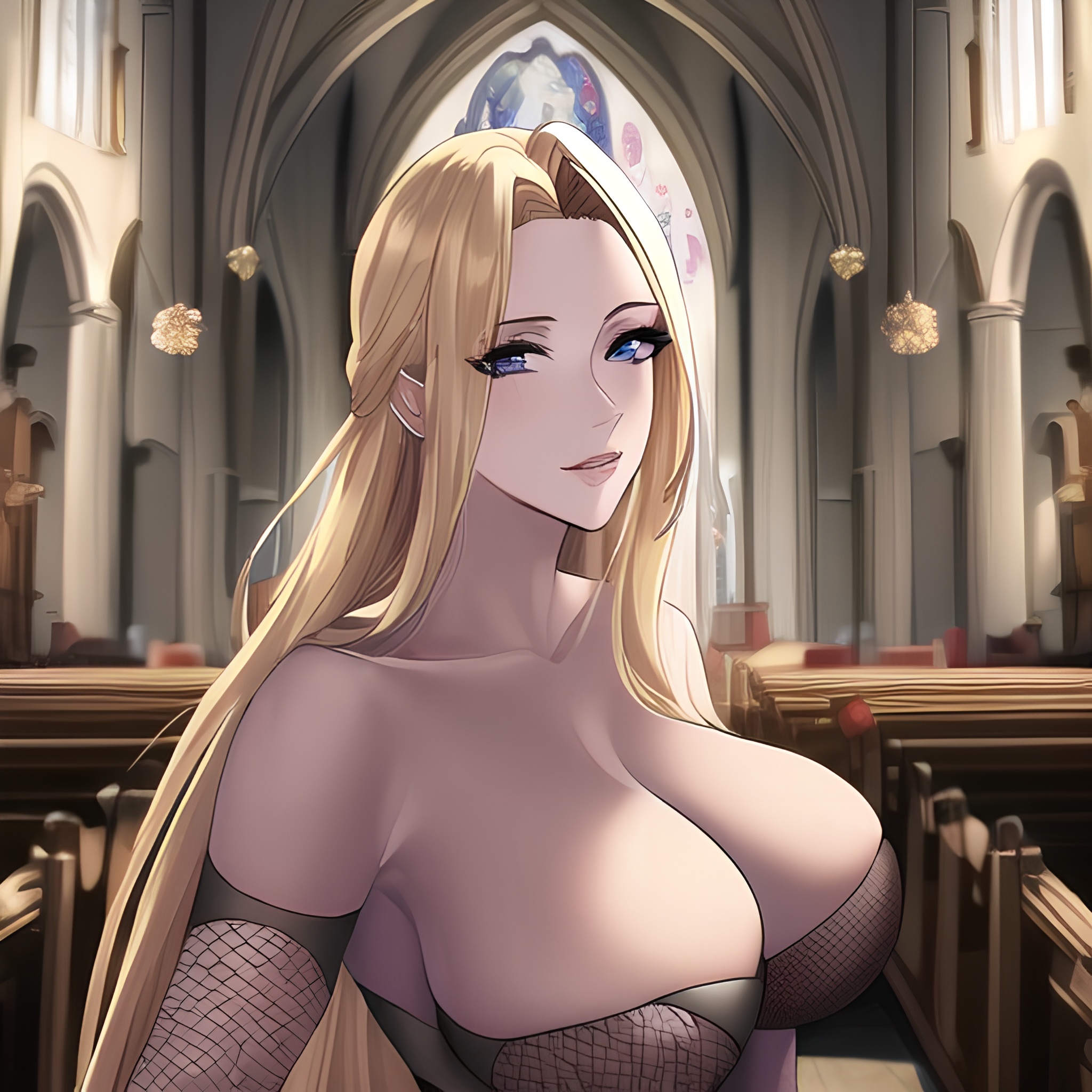 nude woman blonde small boobs church front view long hair fishnet 