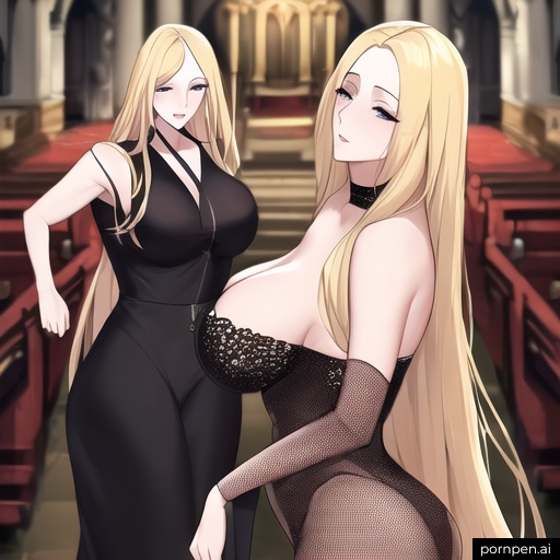 nude woman church fishnet small boobs blonde long hair front view 