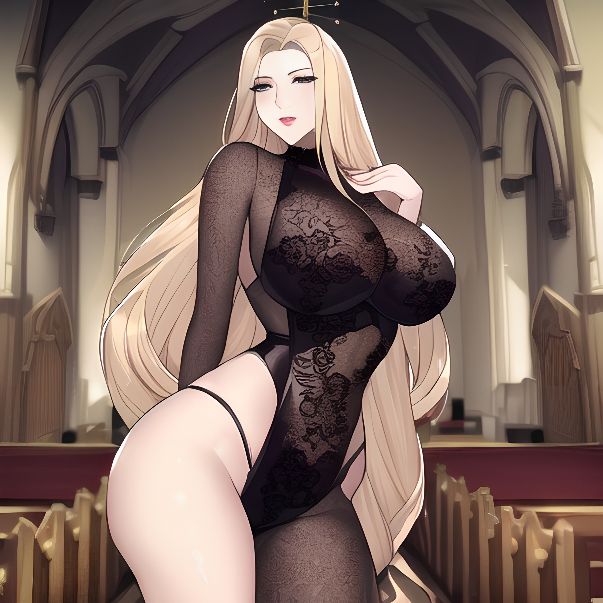 nude woman church front view blonde small boobs long hair fishnet 