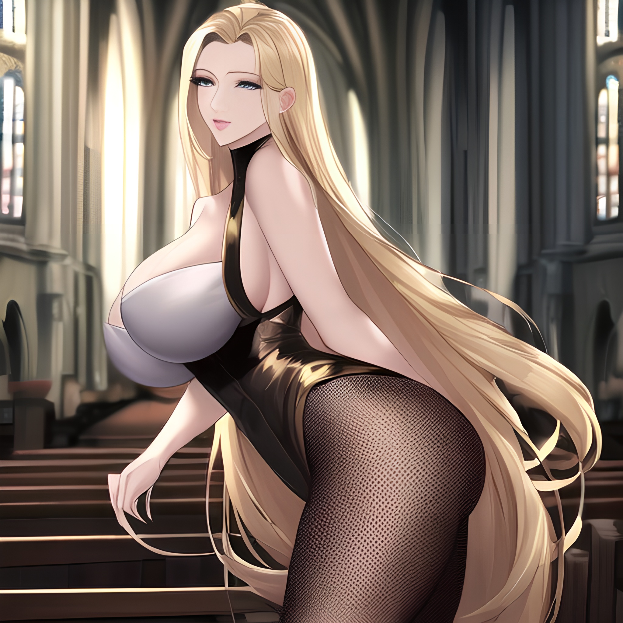 nude woman church front view small boobs blonde long hair fishnet 