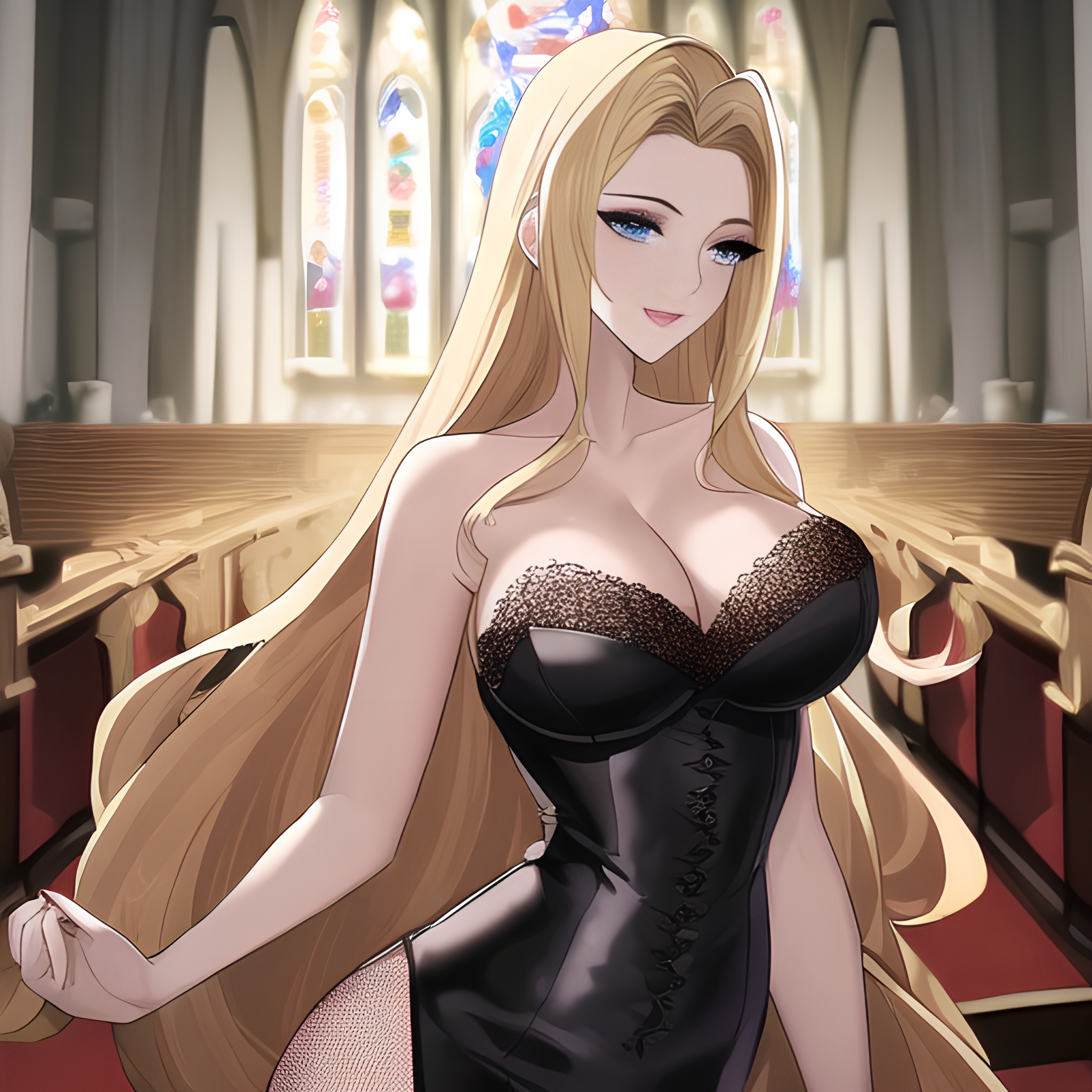 nude woman fishnet blonde small boobs church long hair front view