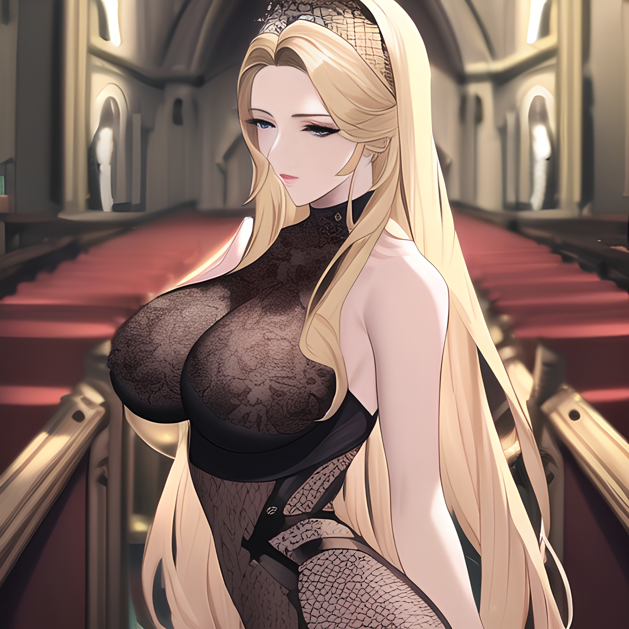 nude woman fishnet church long hair blonde small boobs front view 