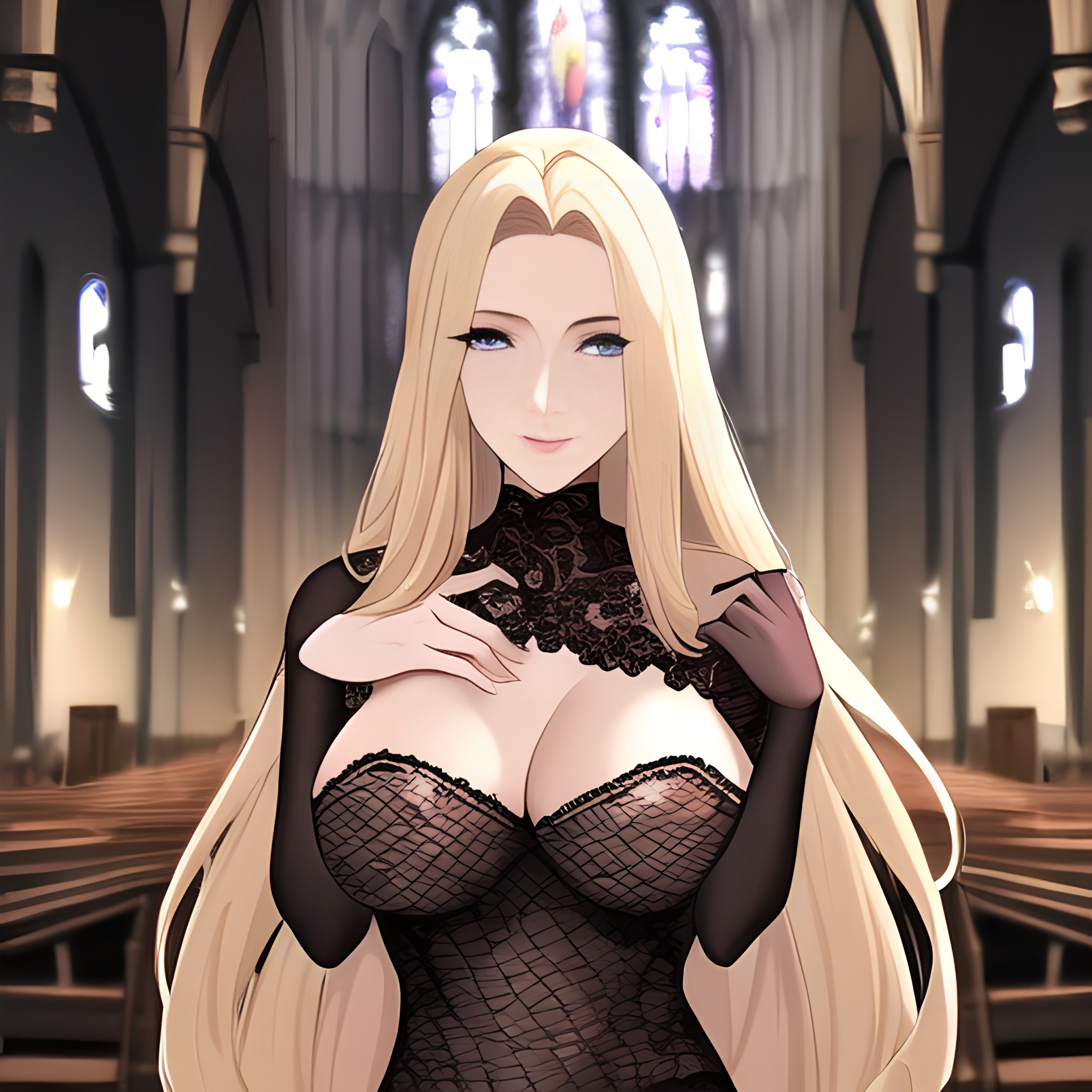 nude woman fishnet front view small boobs blonde church long hair 