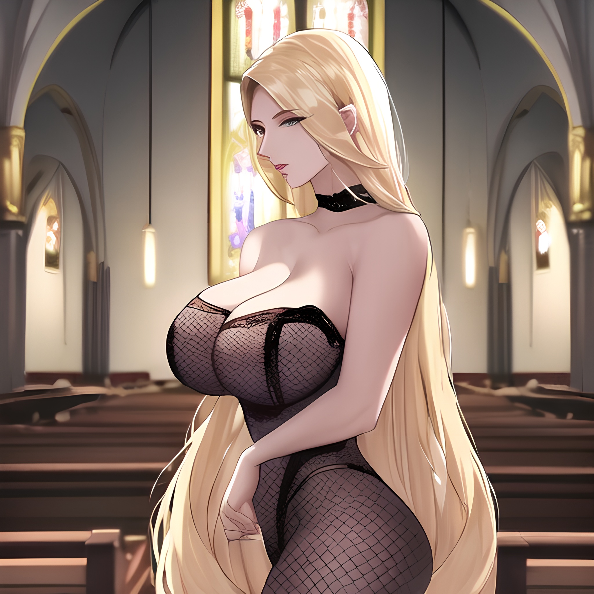 nude woman front view church long hair small boobs fishnet blonde 