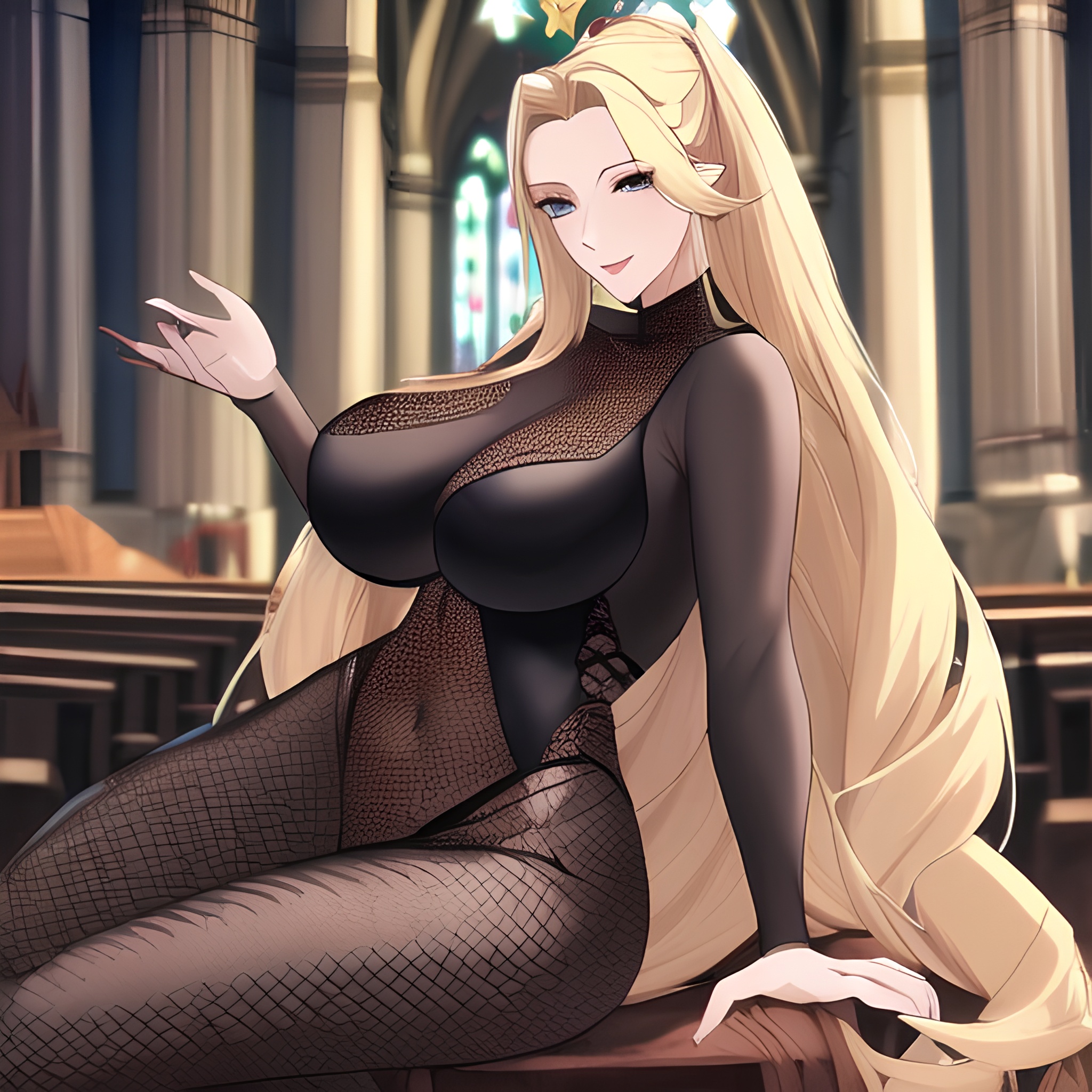 nude woman front view fishnet long hair small boobs blonde church 