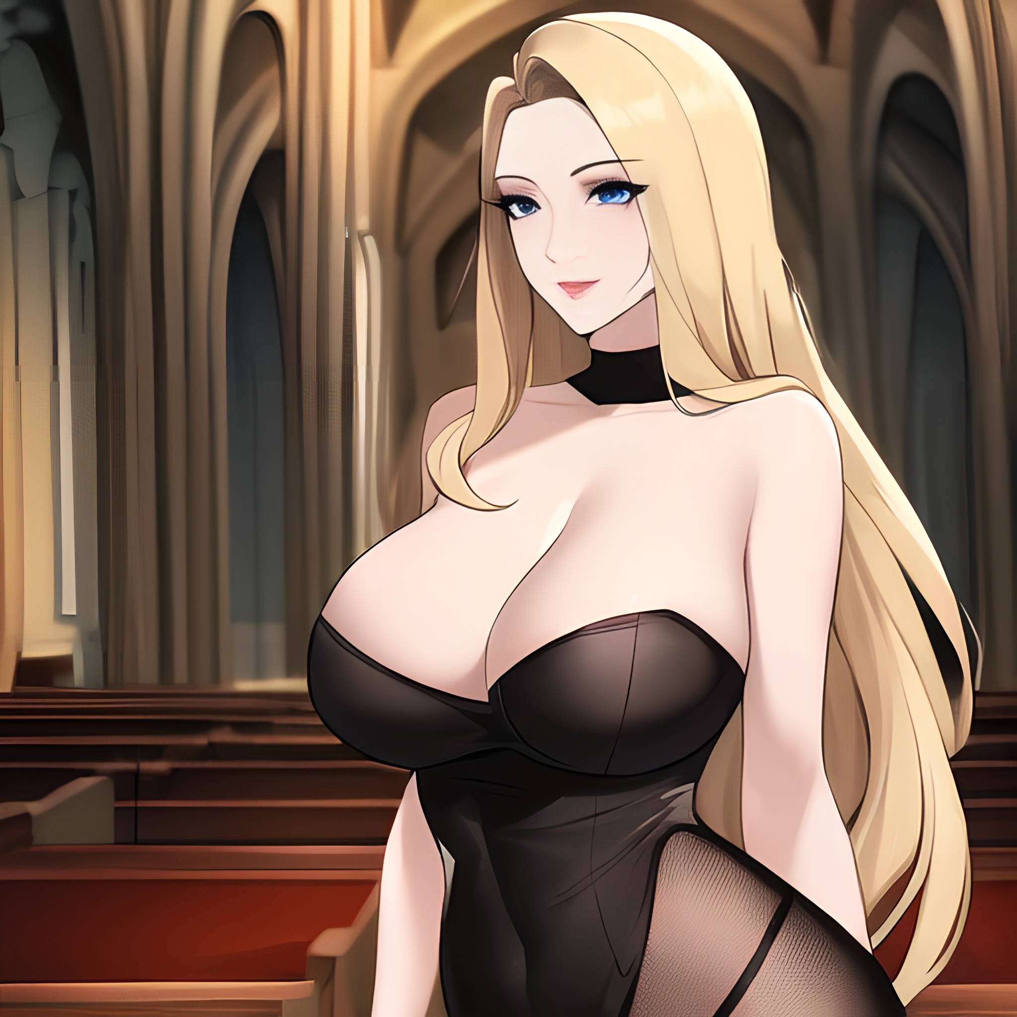 nude woman front view long hair fishnet church small boobs blonde 