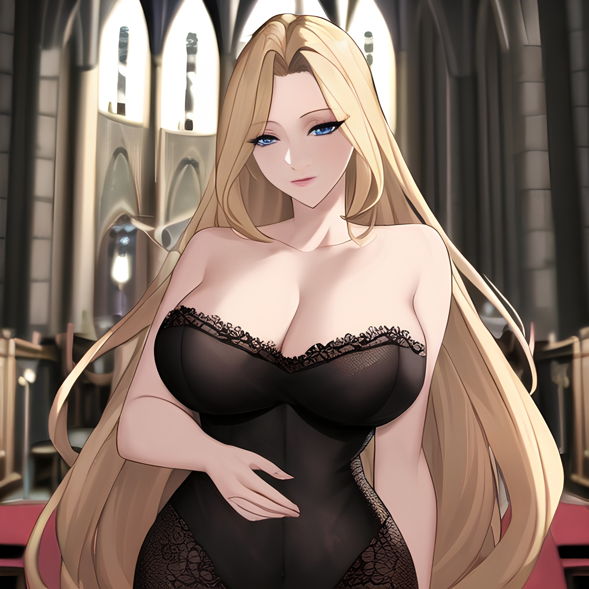 nude woman long hair front view small boobs blonde fishnet church 