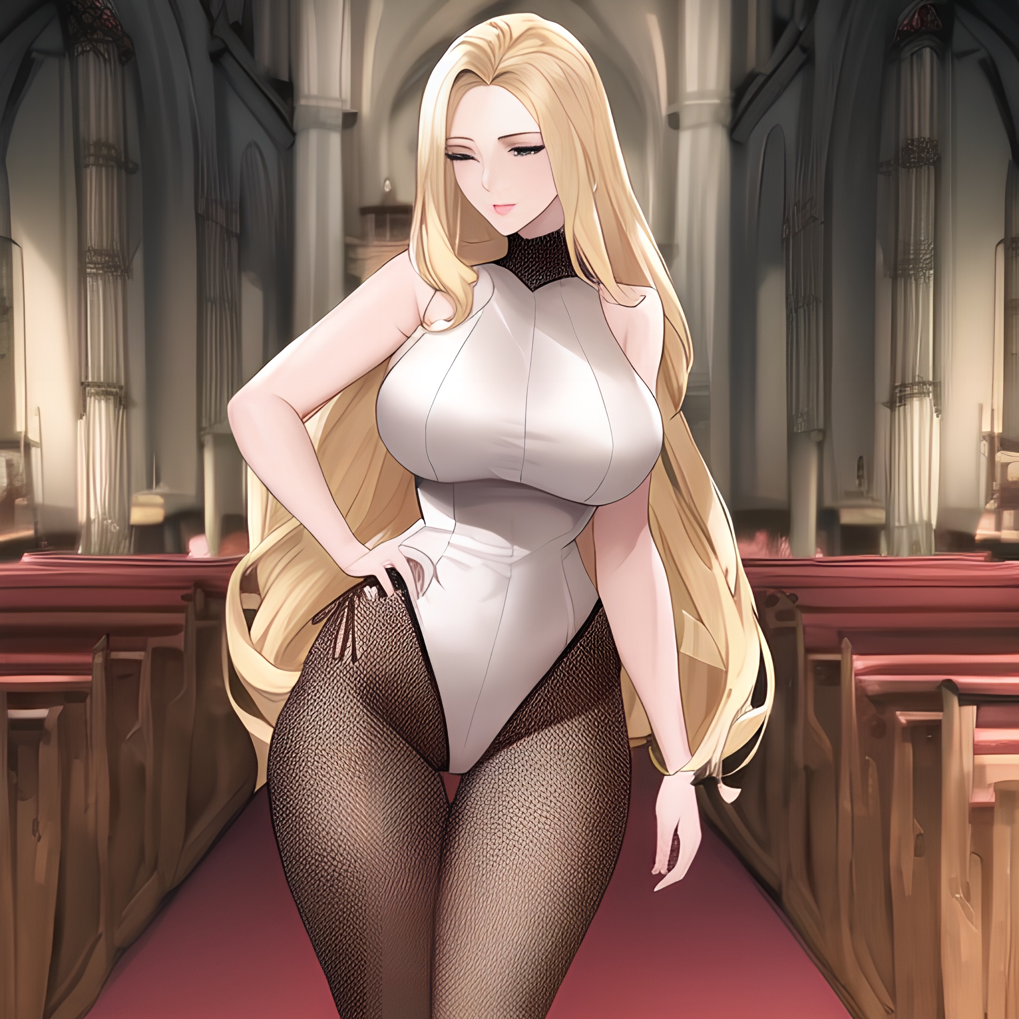 nude woman long hair front view small boobs blonde fishnet church 