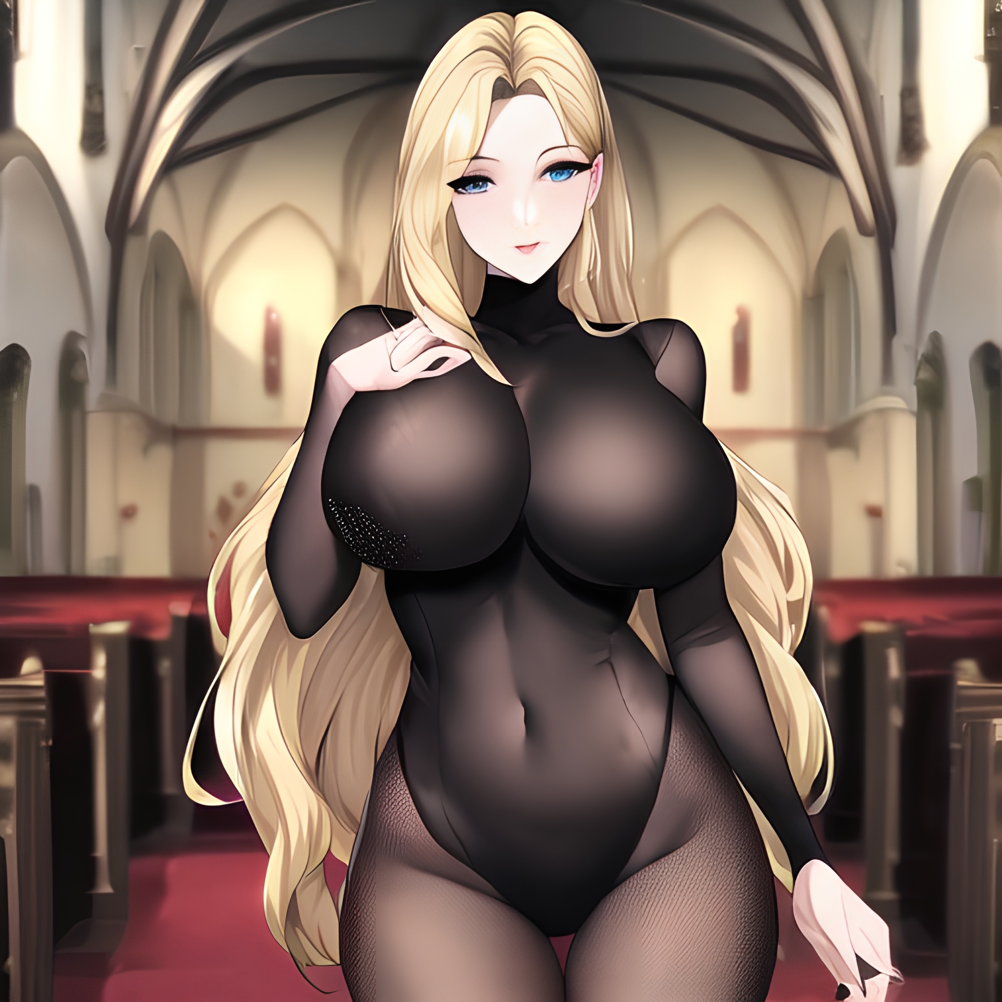 nude woman long hair small boobs blonde front view fishnet church 