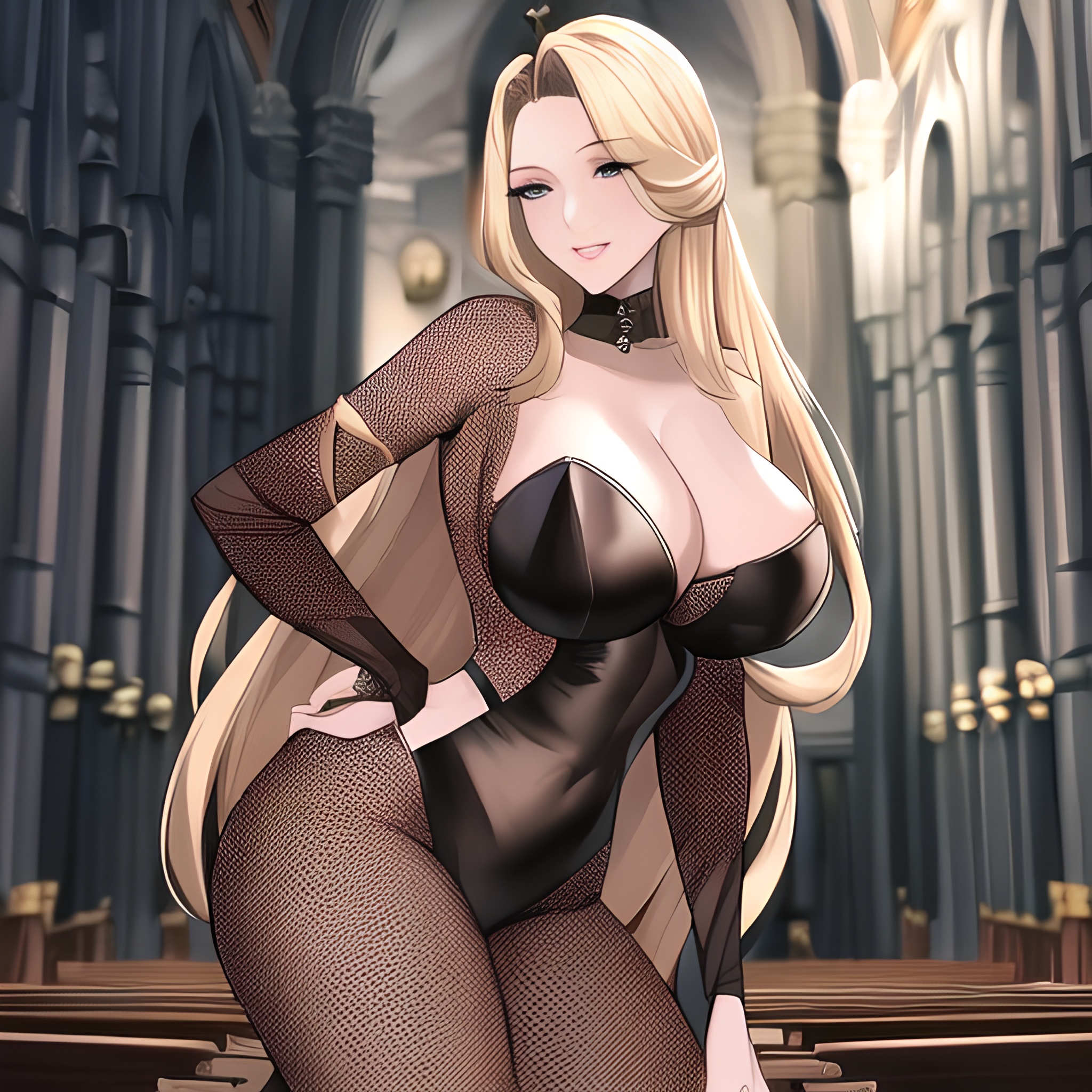 nude woman small boobs blonde church fishnet front view long hair 