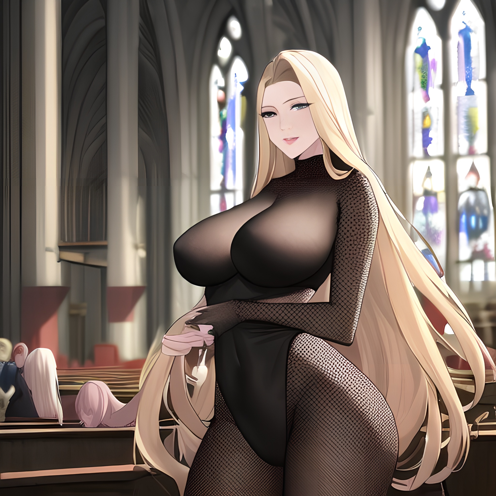 nude woman small boobs front view blonde fishnet church long hair 