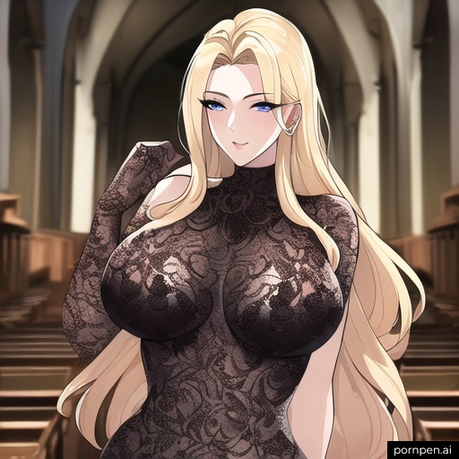 small boobs blonde church long hair nude front view woman fishnet 