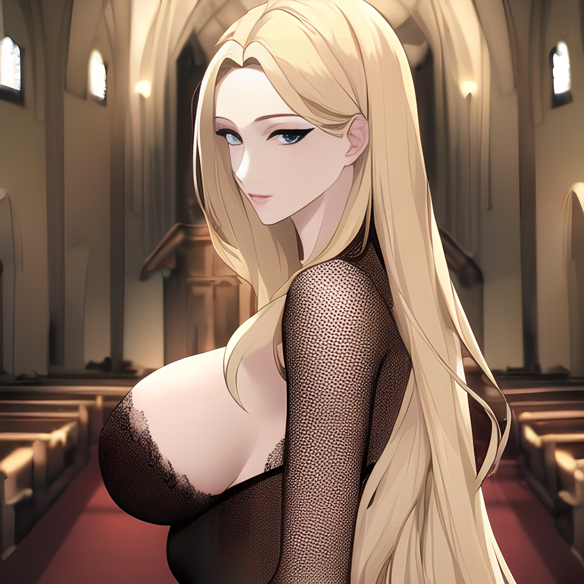 small boobs blonde church nude woman long hair front view fishnet 