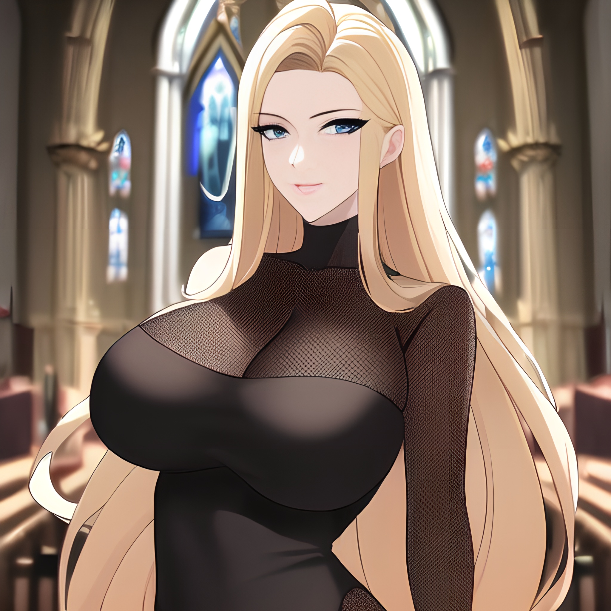 small boobs blonde fishnet church woman front view long hair nude 