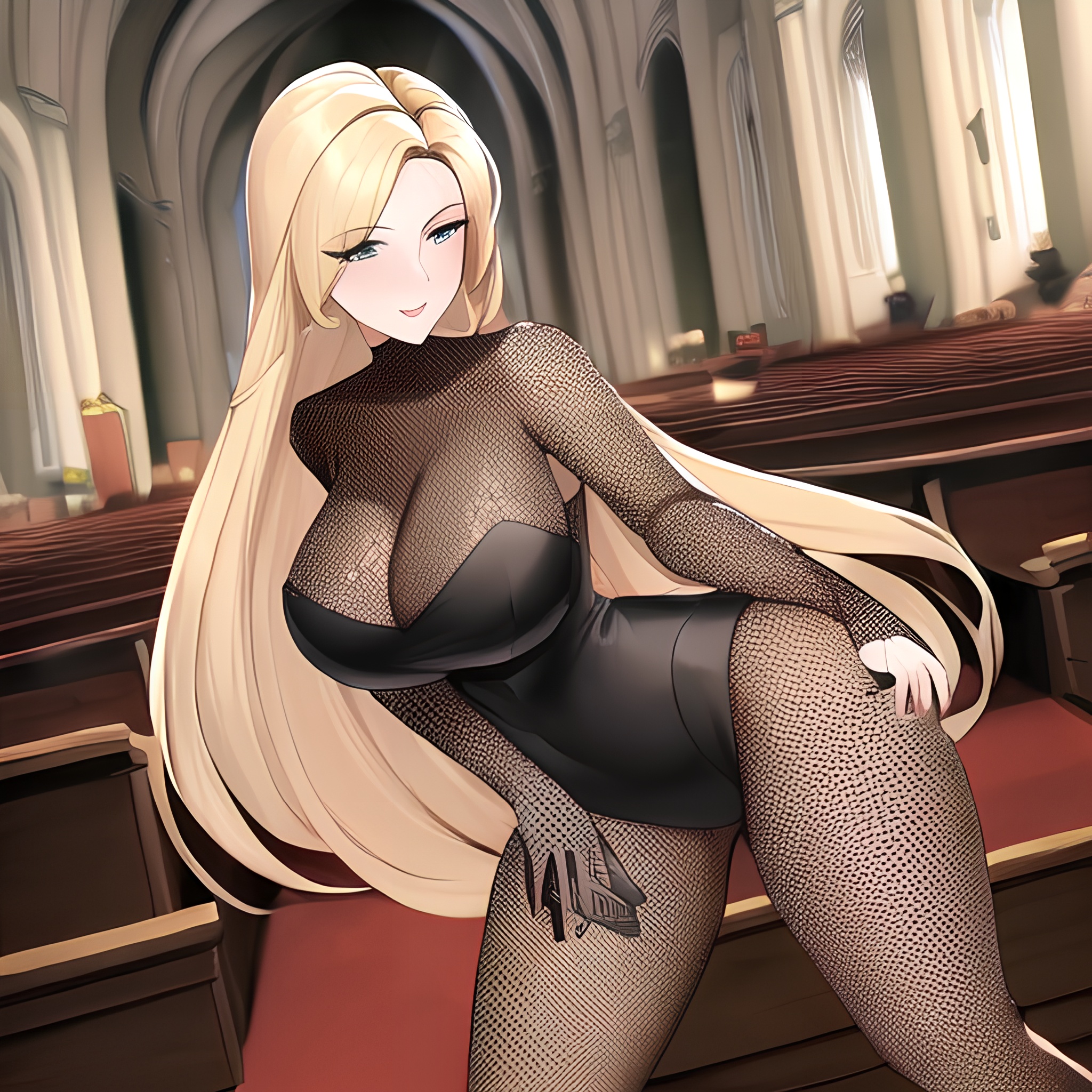 small boobs blonde fishnet nude church front view woman long hair 