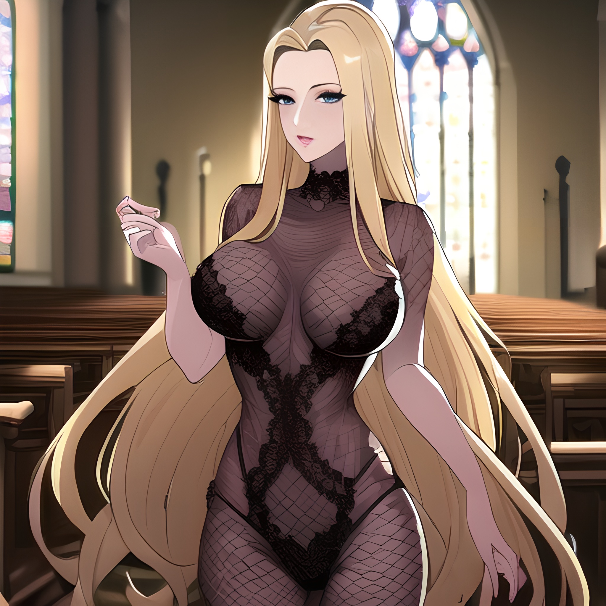 small boobs blonde fishnet nude front view long hair woman church 