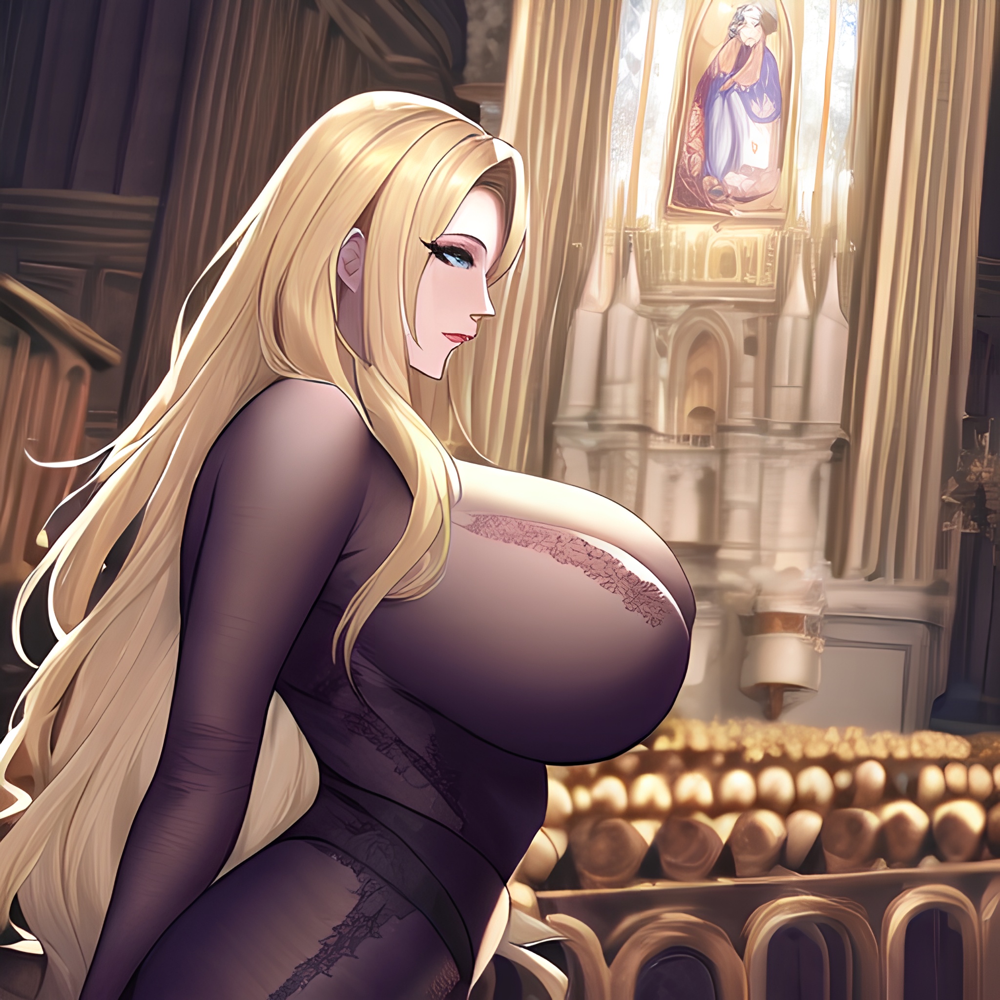 small boobs blonde fishnet woman front view church nude long hair 