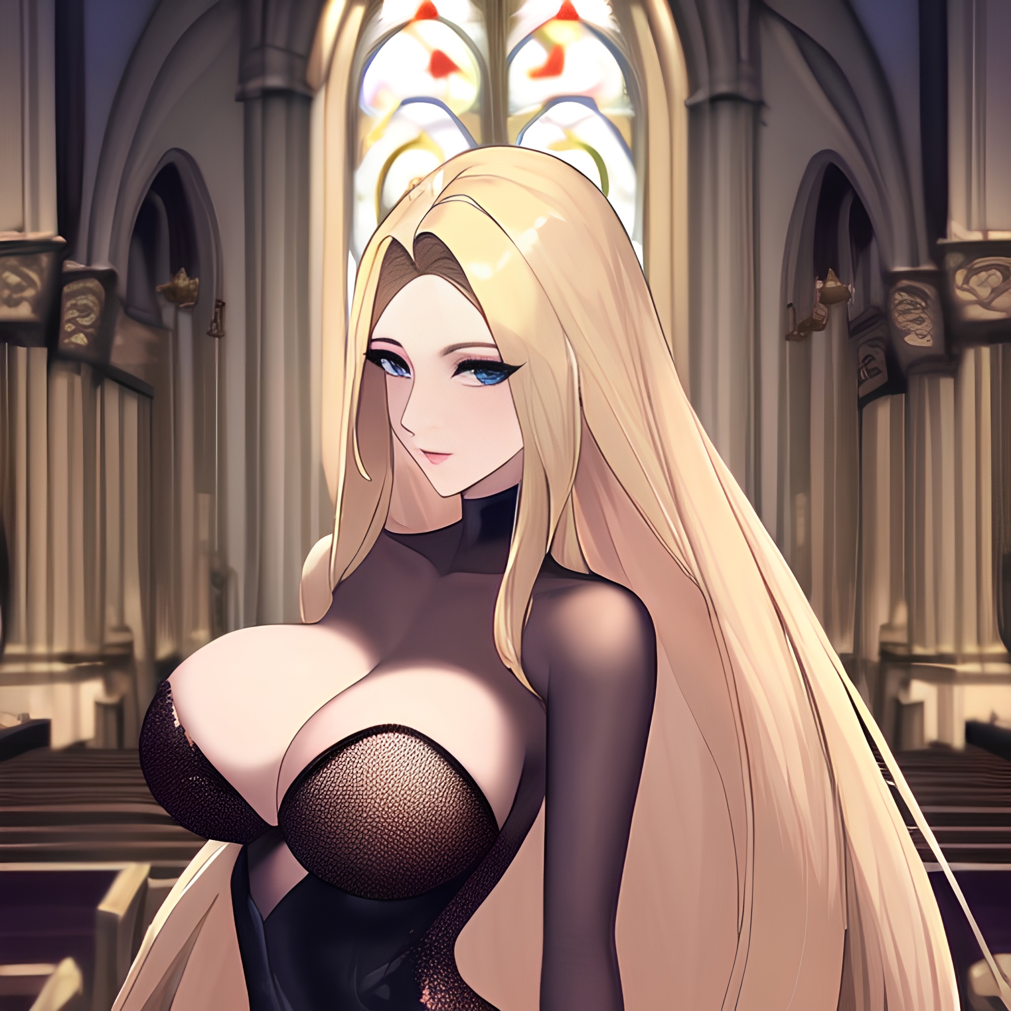 small boobs blonde front view church long hair fishnet nude woman 