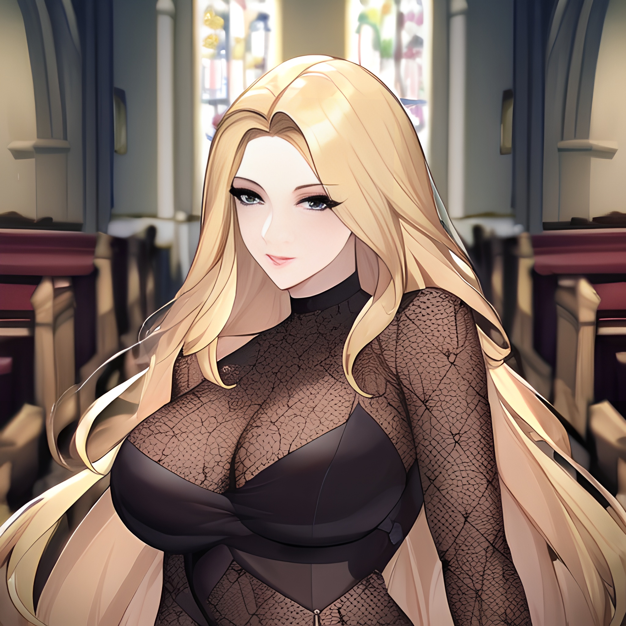 small boobs blonde front view fishnet long hair woman church nude 