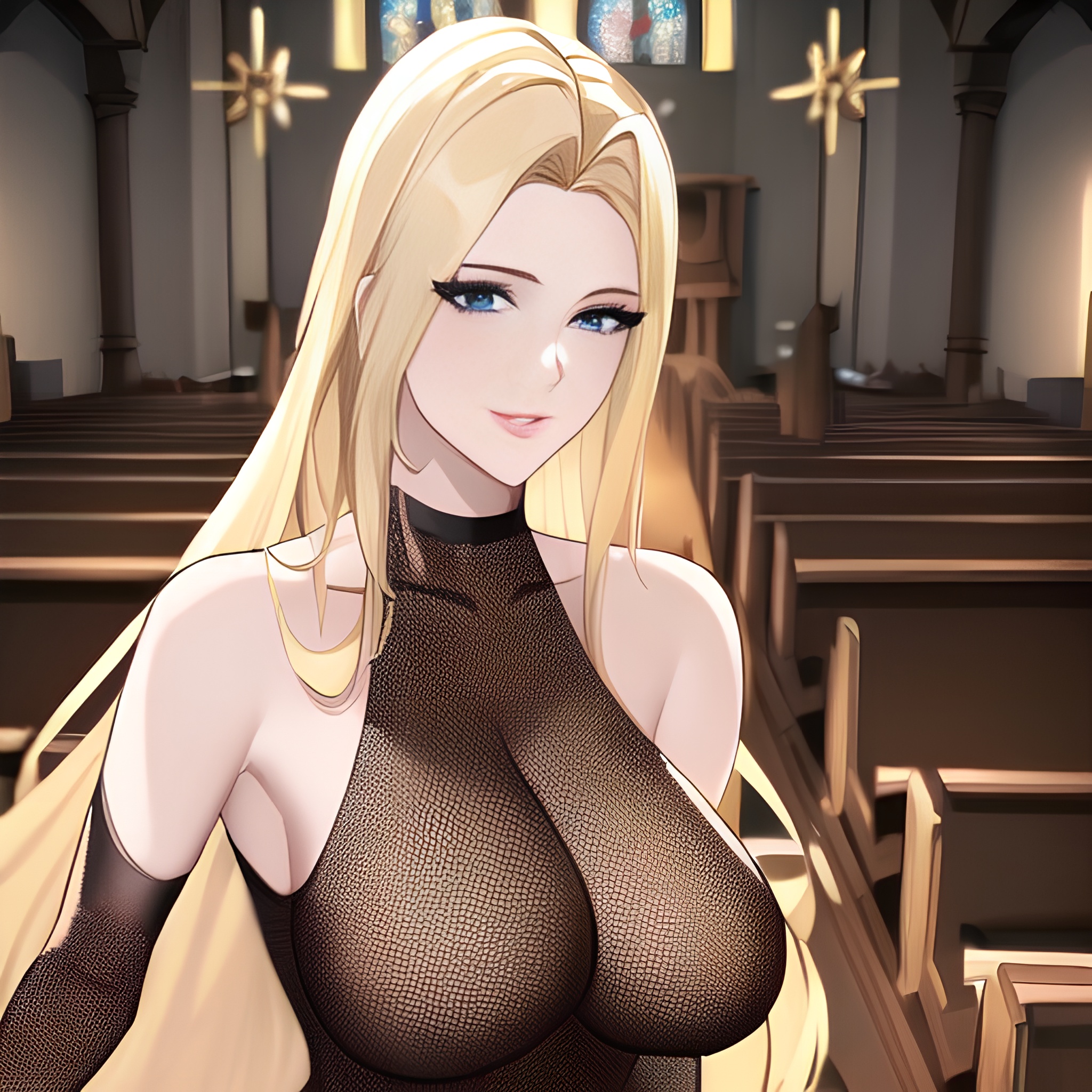 small boobs blonde front view woman fishnet nude church long hair 