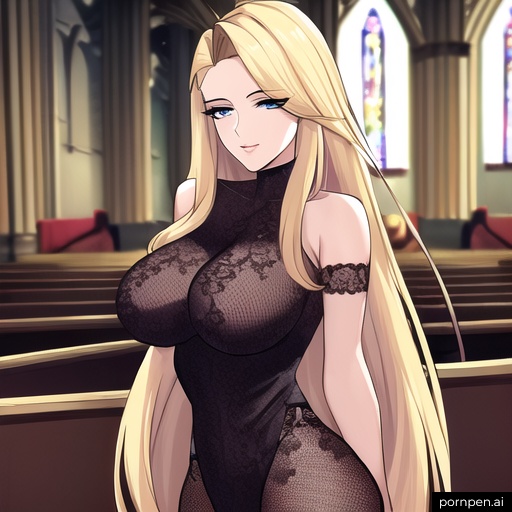 small boobs blonde nude long hair church woman front view fishnet 