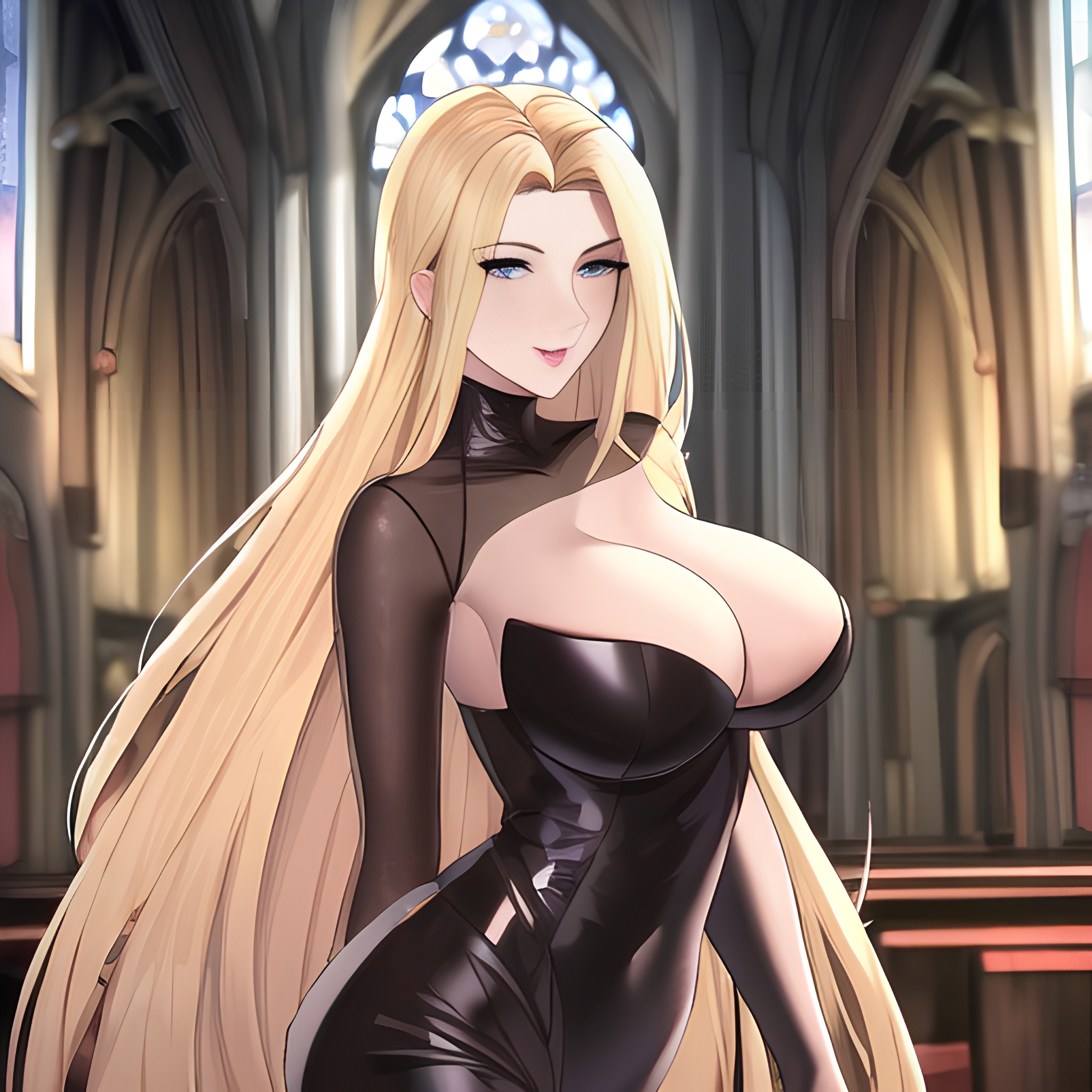 small boobs blonde nude woman long hair church front view fishnet 