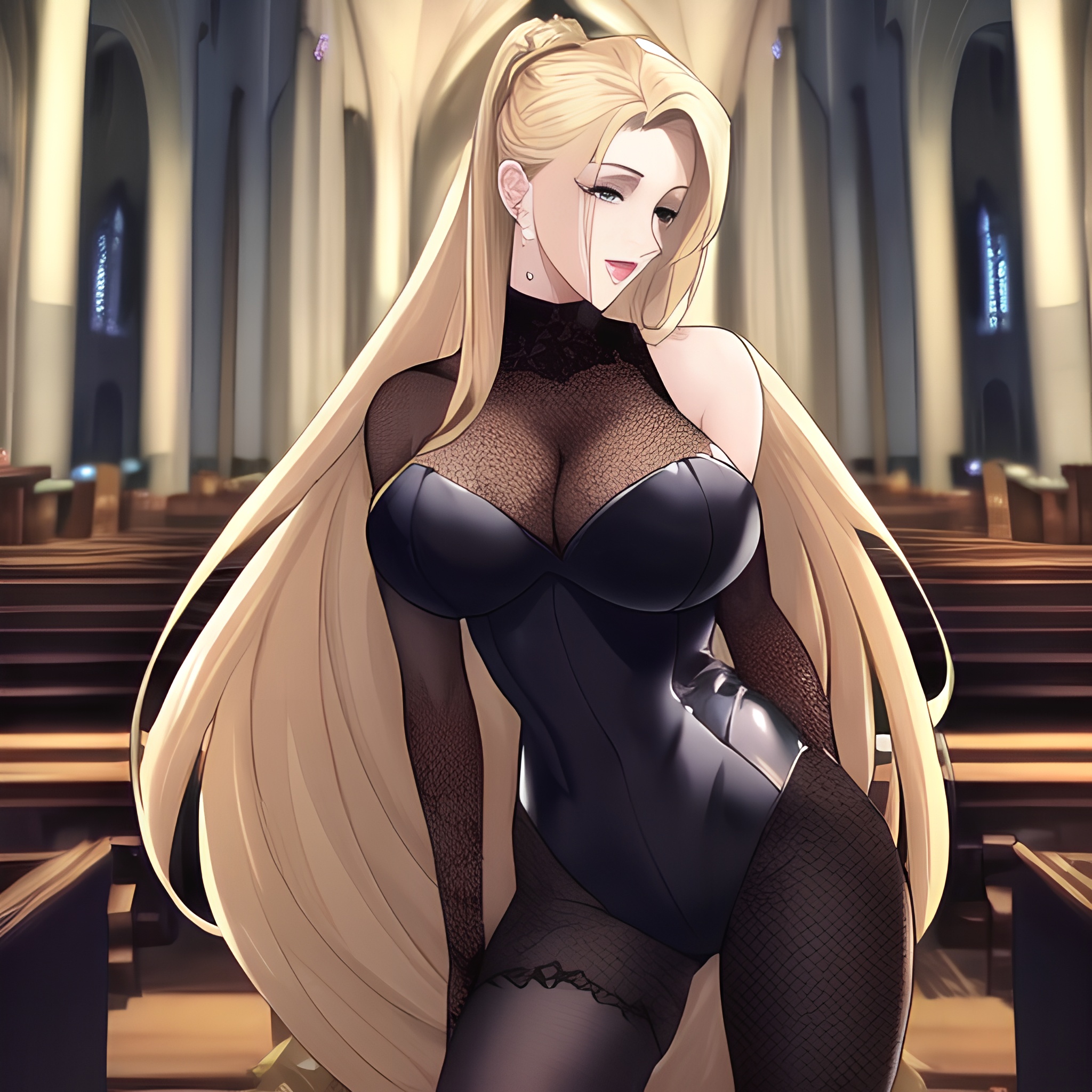 small boobs blonde woman church front view fishnet nude long hair 