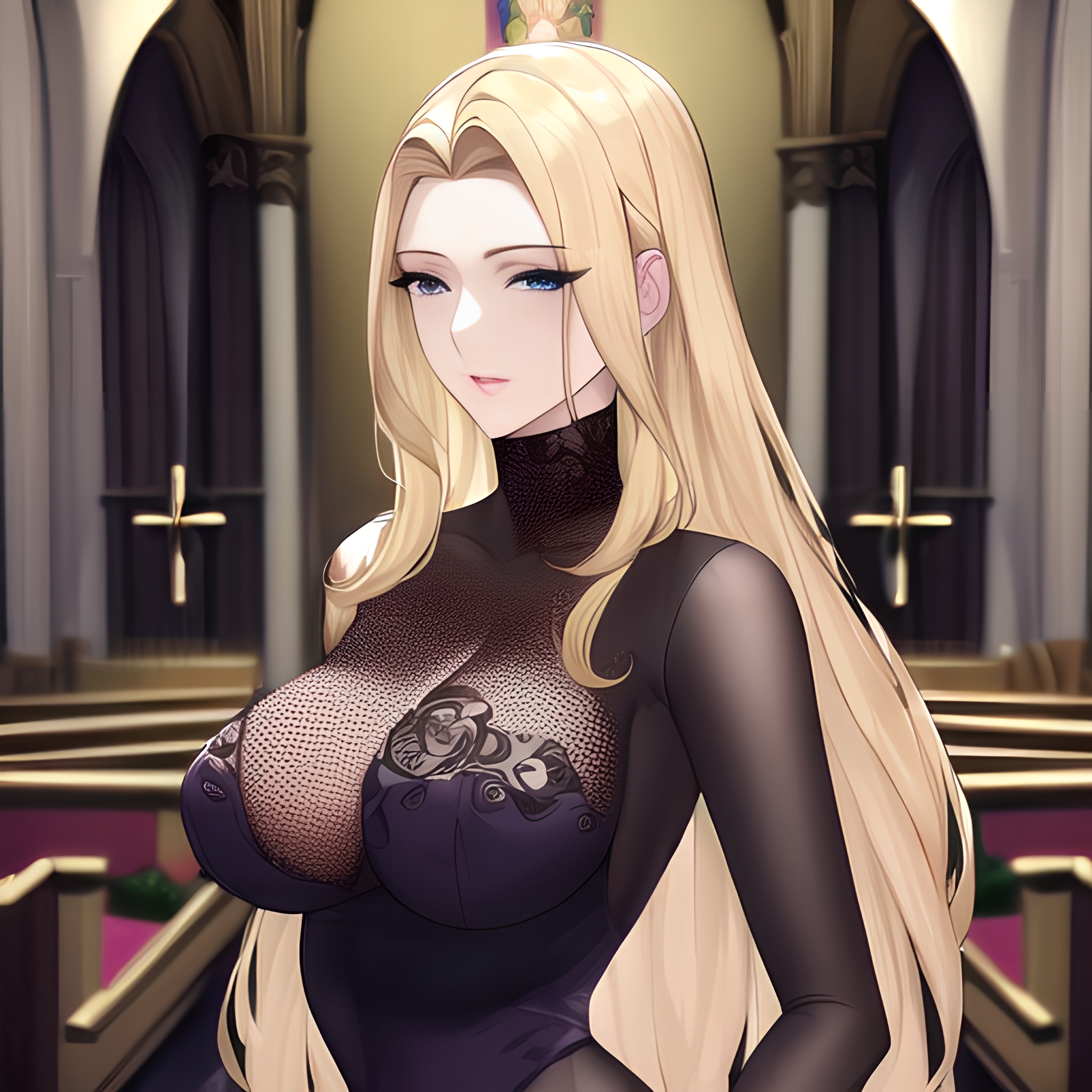 small boobs blonde woman fishnet church nude long hair front view 